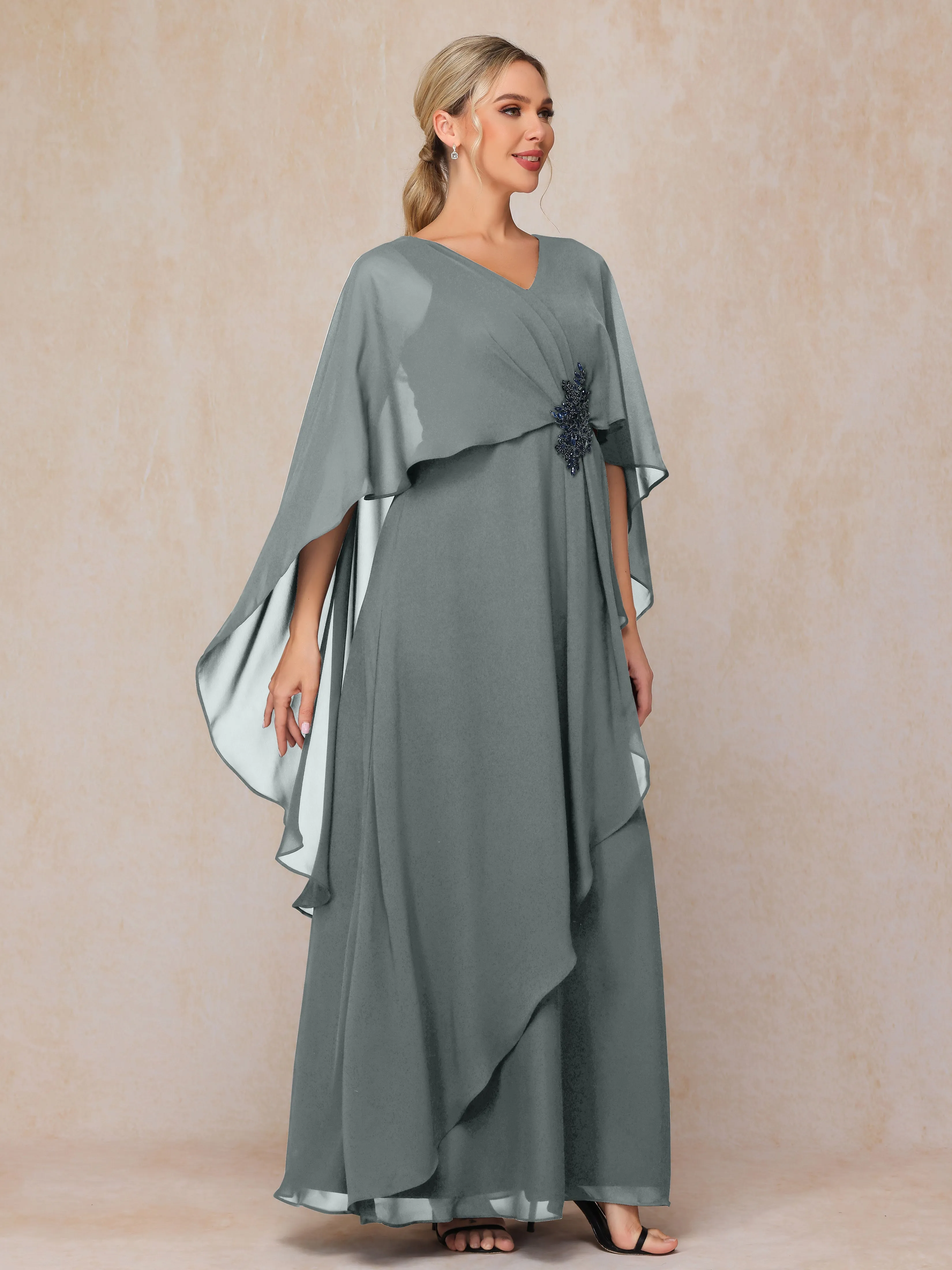 A-line Scoop Long Chiffon Mother of the Bride Dress With Beading Pleated