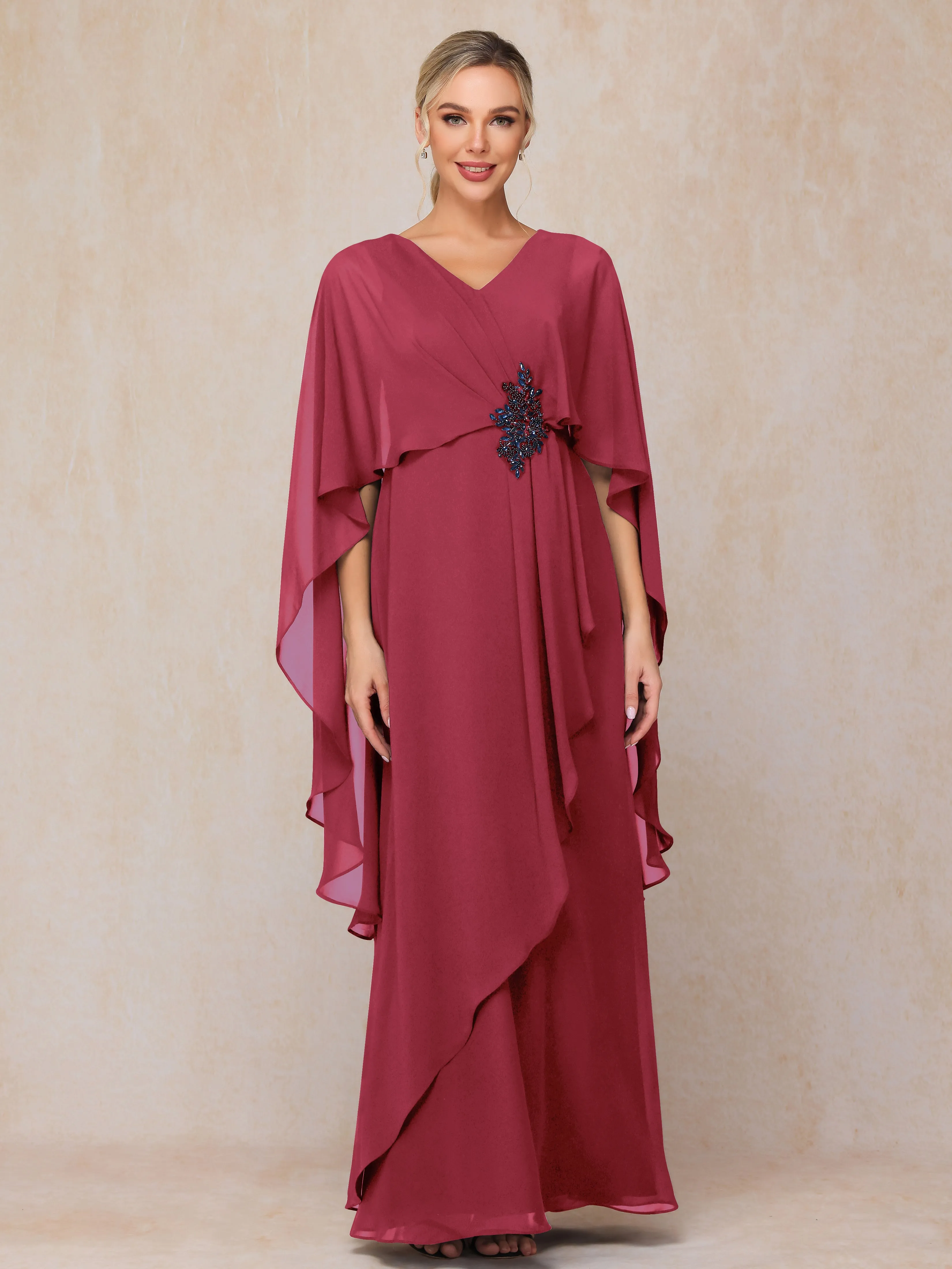 A-line Scoop Long Chiffon Mother of the Bride Dress With Beading Pleated