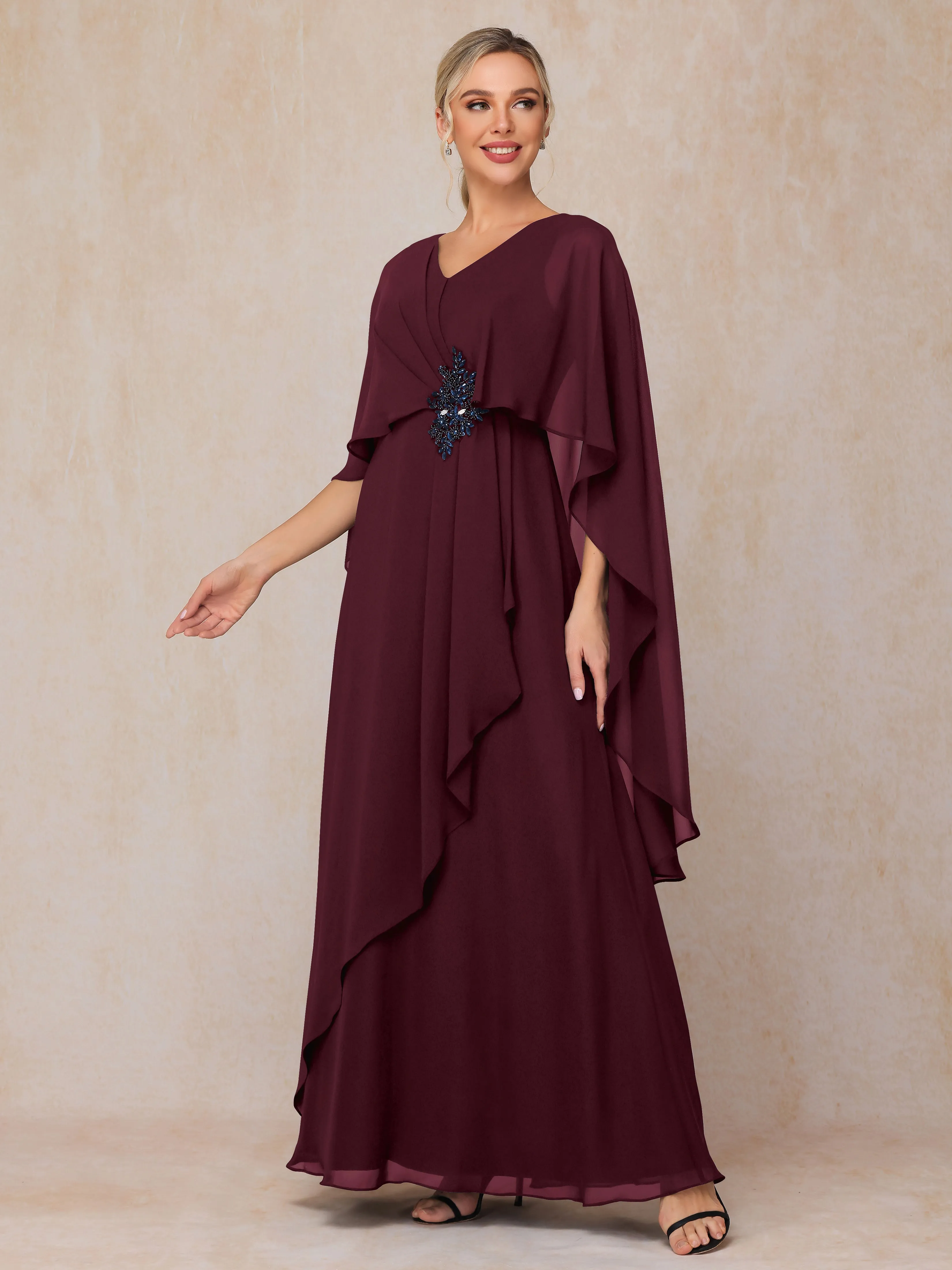 A-line Scoop Long Chiffon Mother of the Bride Dress With Beading Pleated