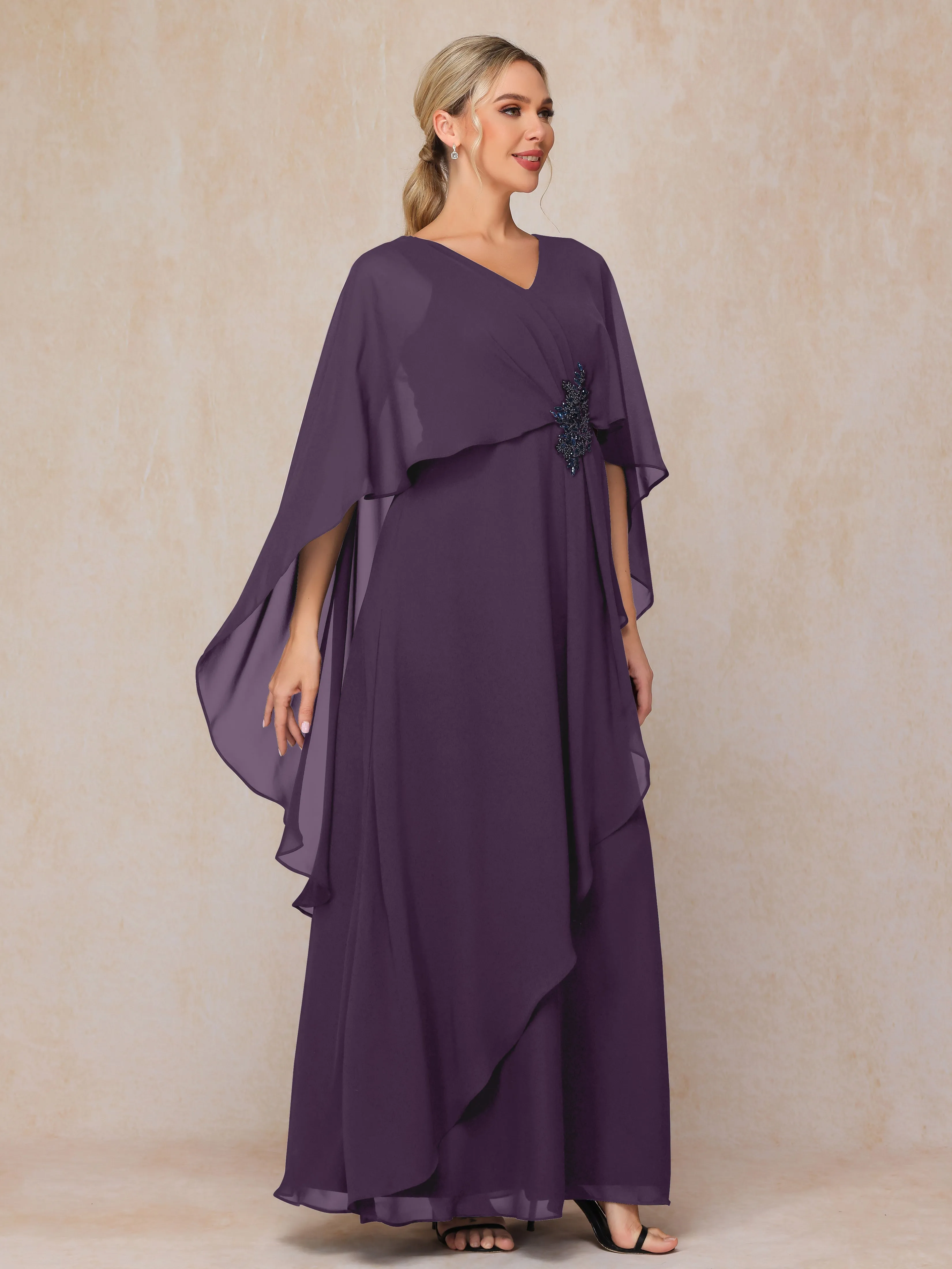 A-line Scoop Long Chiffon Mother of the Bride Dress With Beading Pleated