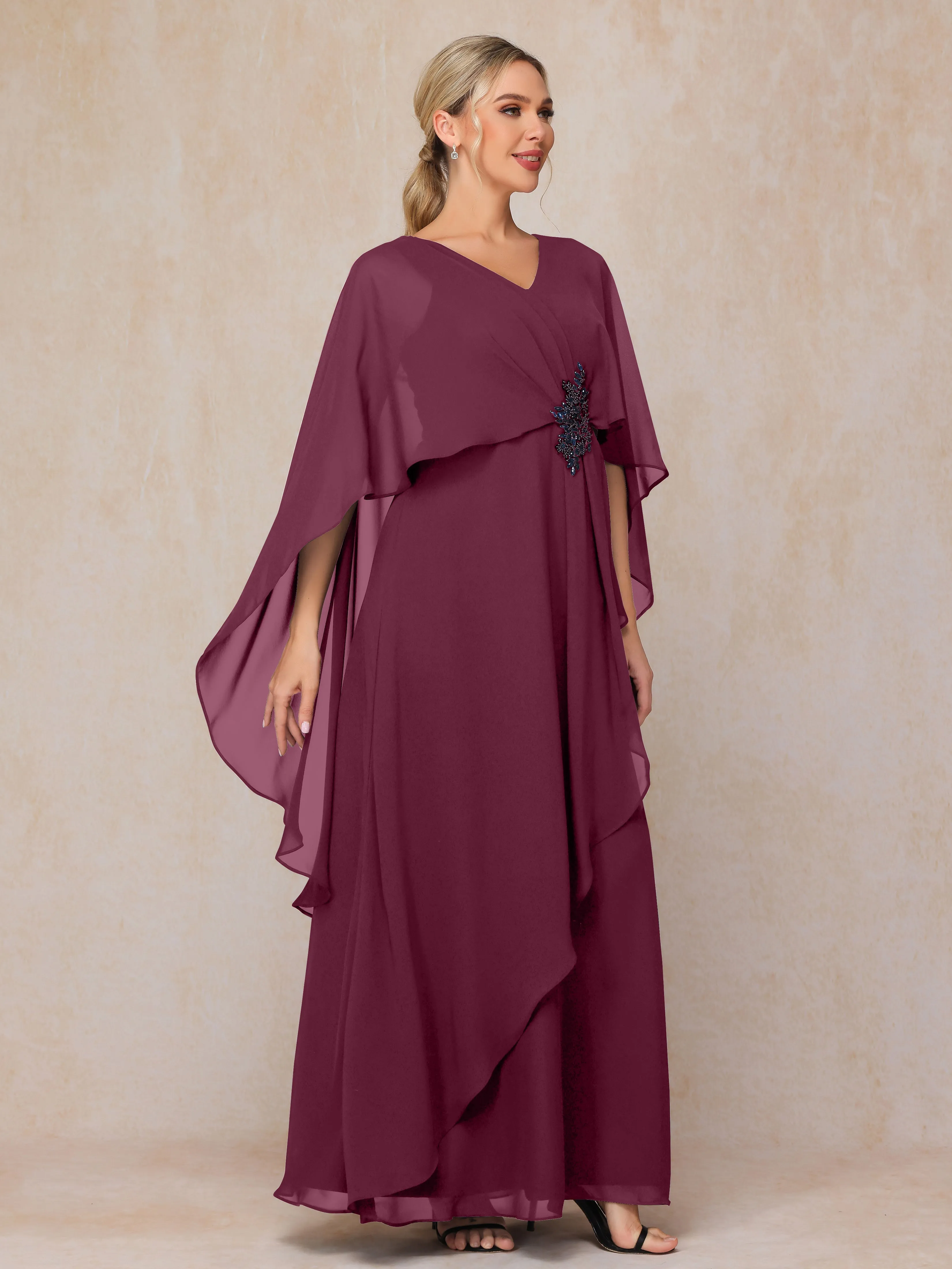 A-line Scoop Long Chiffon Mother of the Bride Dress With Beading Pleated