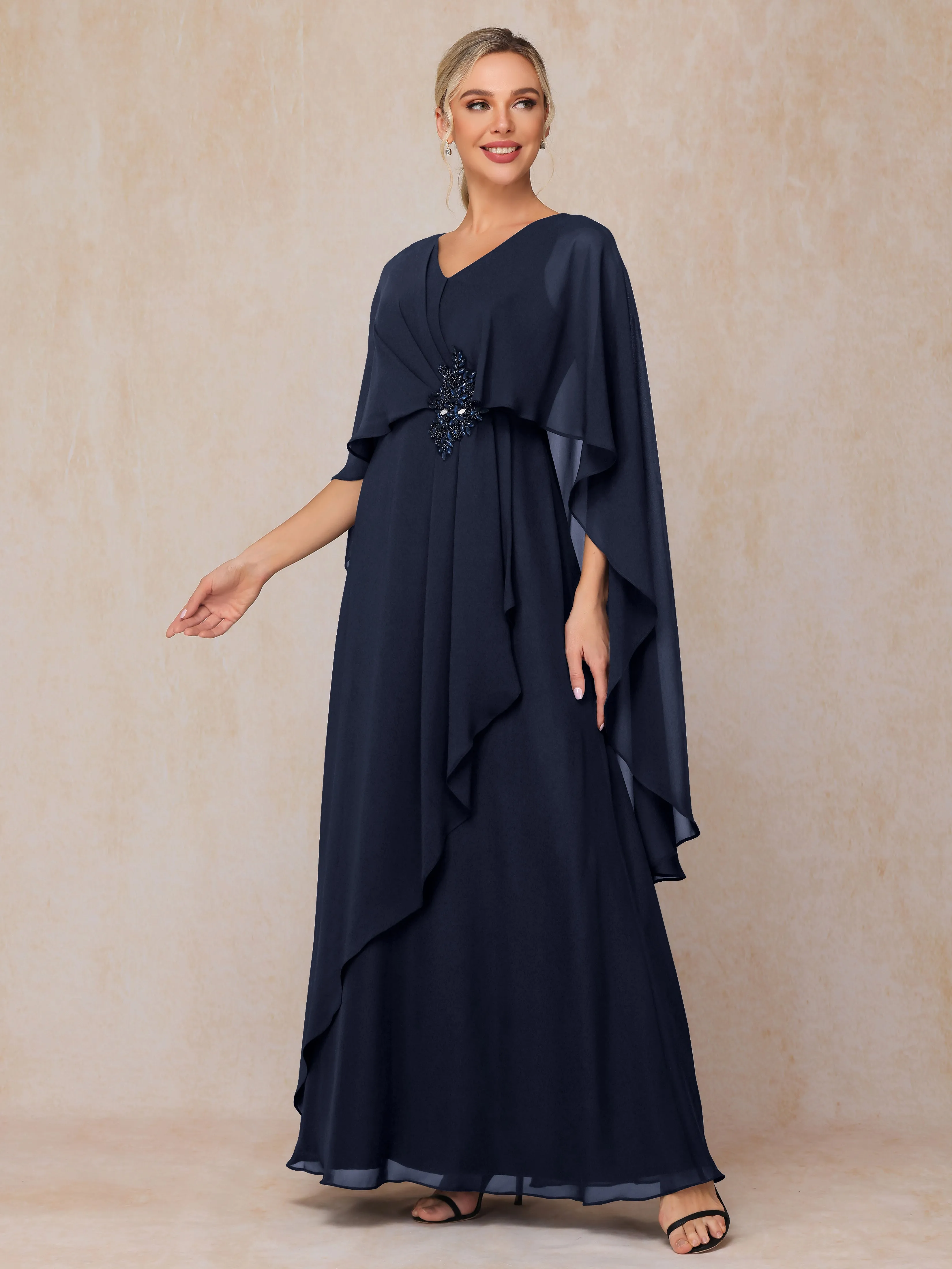 A-line Scoop Long Chiffon Mother of the Bride Dress With Beading Pleated