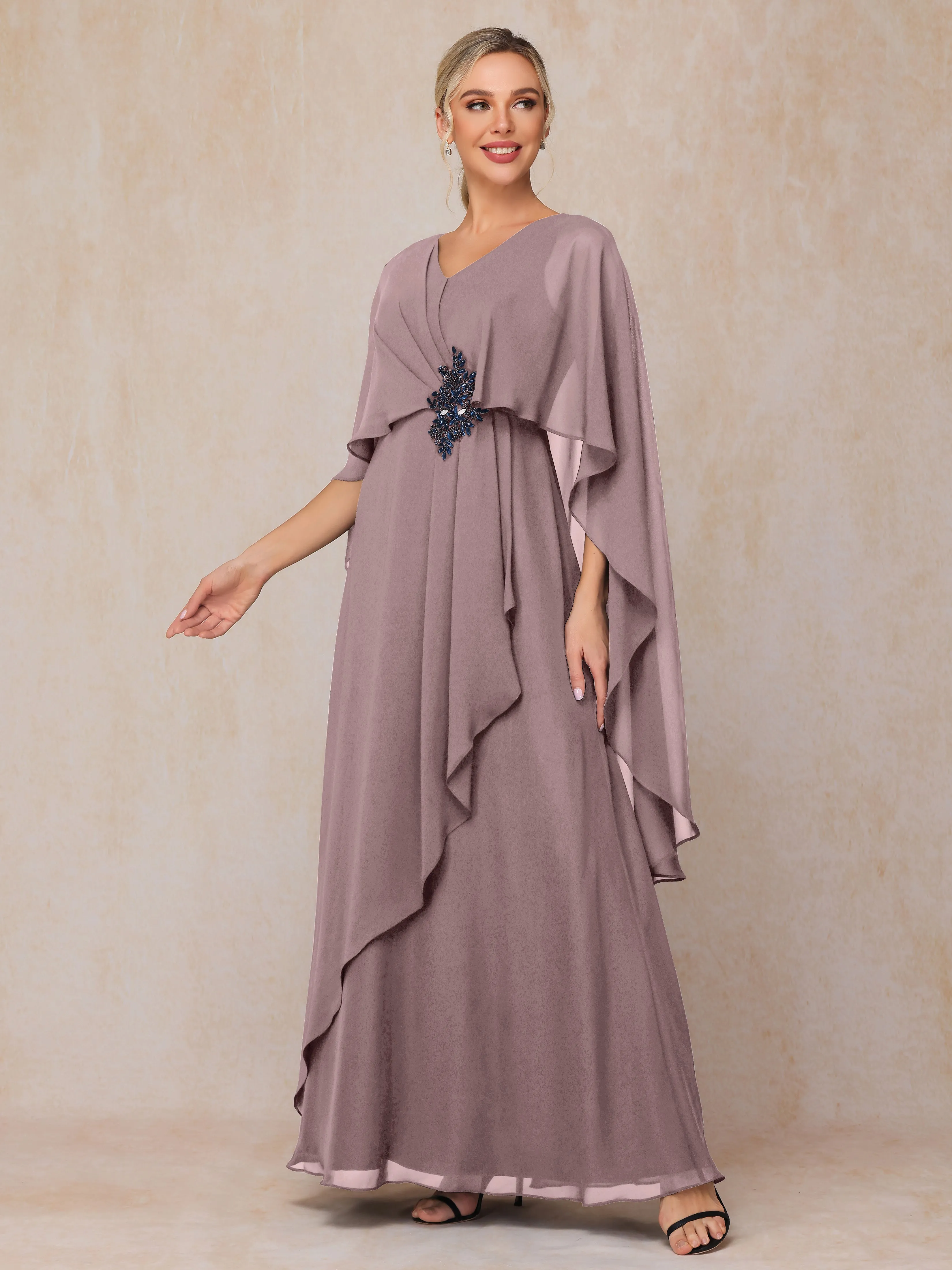 A-line Scoop Long Chiffon Mother of the Bride Dress With Beading Pleated