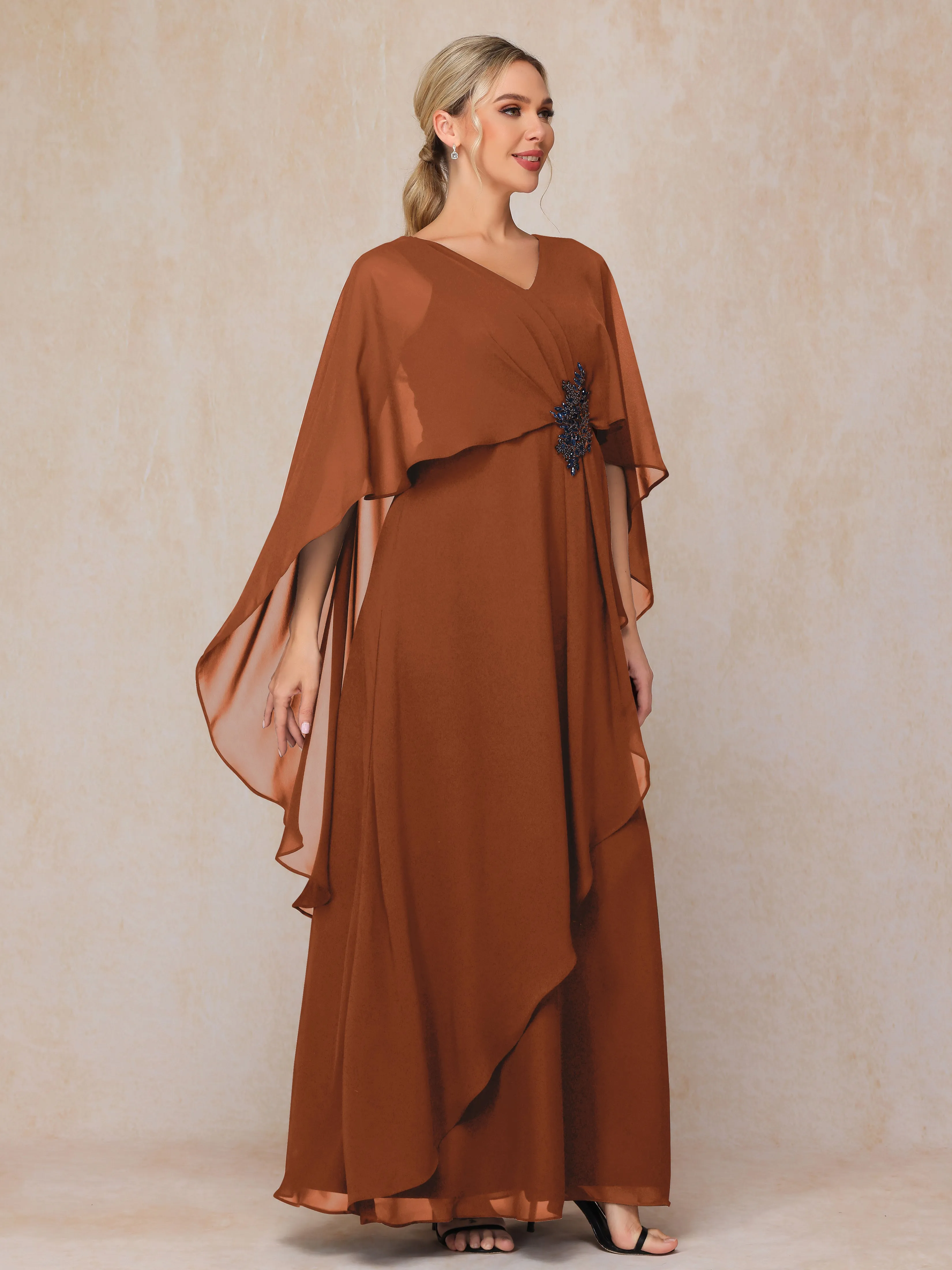 A-line Scoop Long Chiffon Mother of the Bride Dress With Beading Pleated