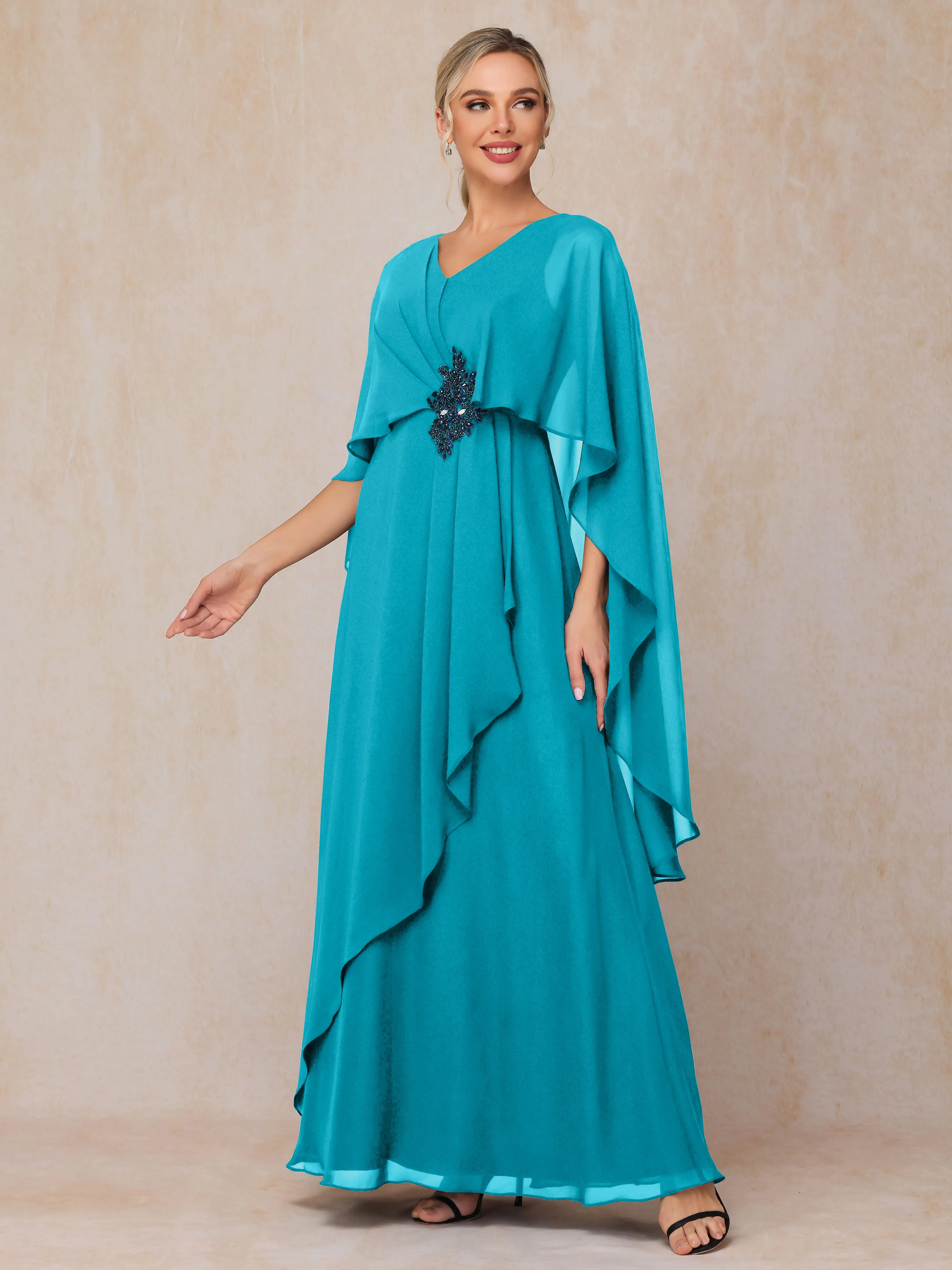 A-line Scoop Long Chiffon Mother of the Bride Dress With Beading Pleated