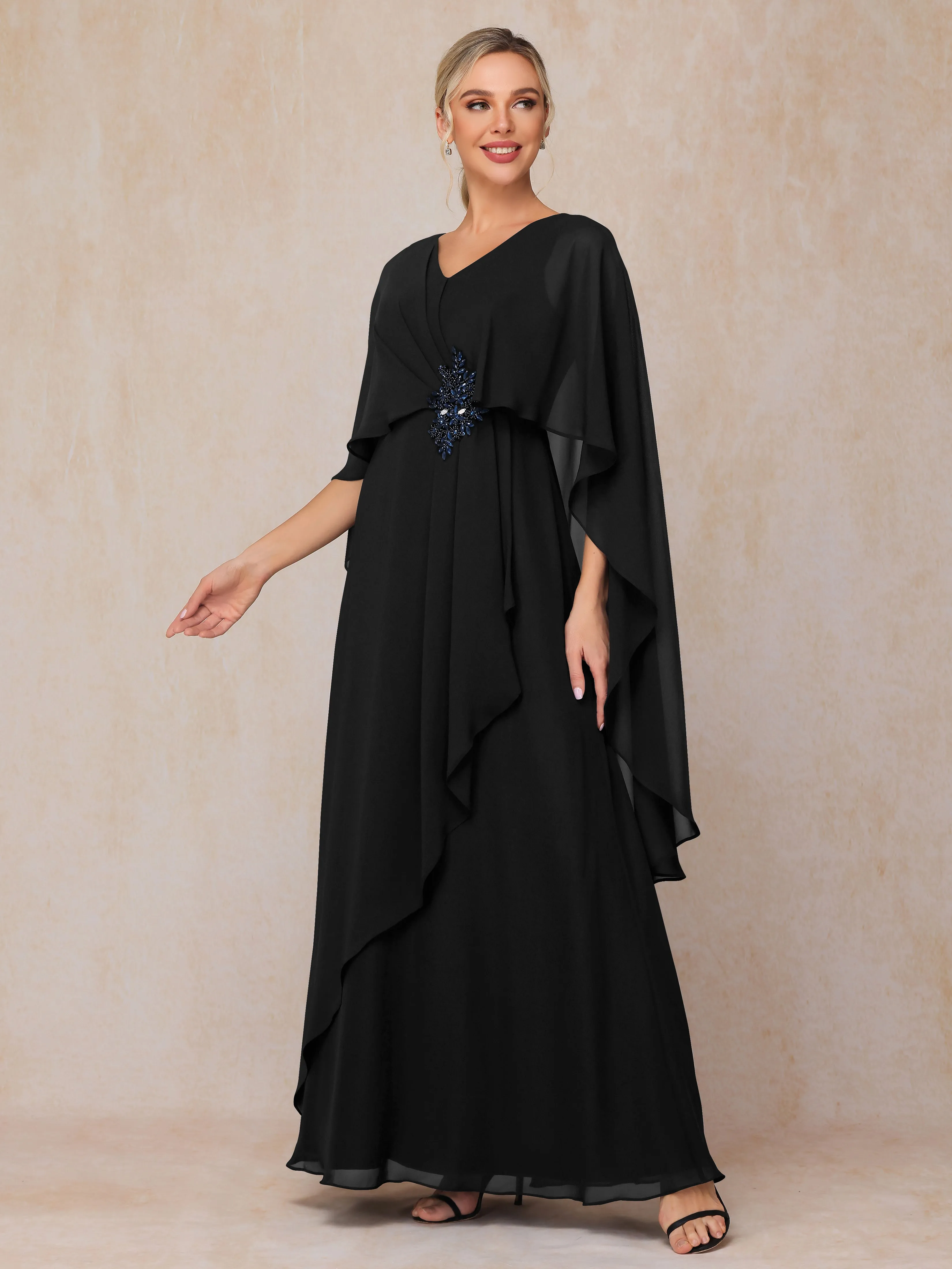 A-line Scoop Long Chiffon Mother of the Bride Dress With Beading Pleated