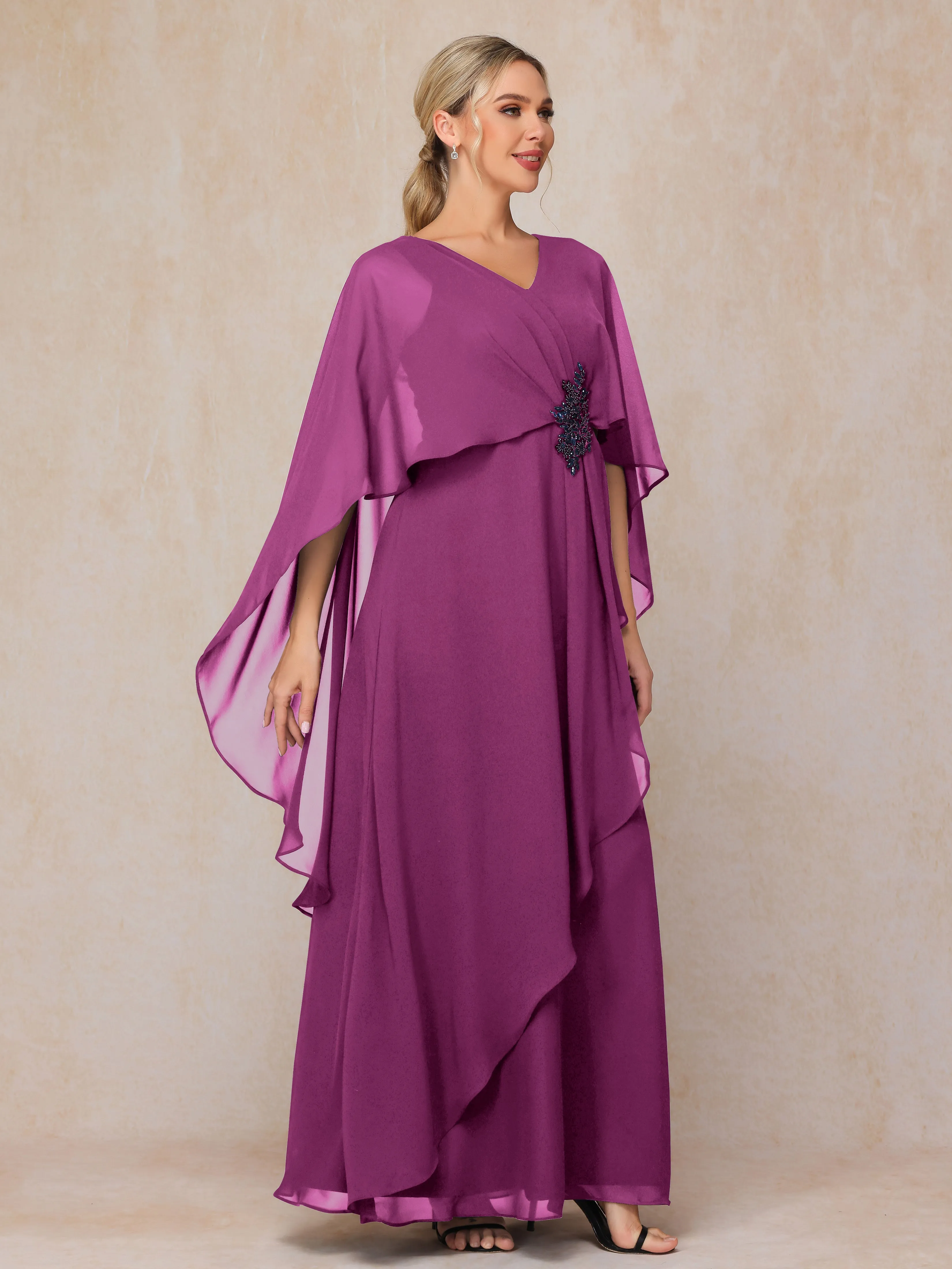A-line Scoop Long Chiffon Mother of the Bride Dress With Beading Pleated