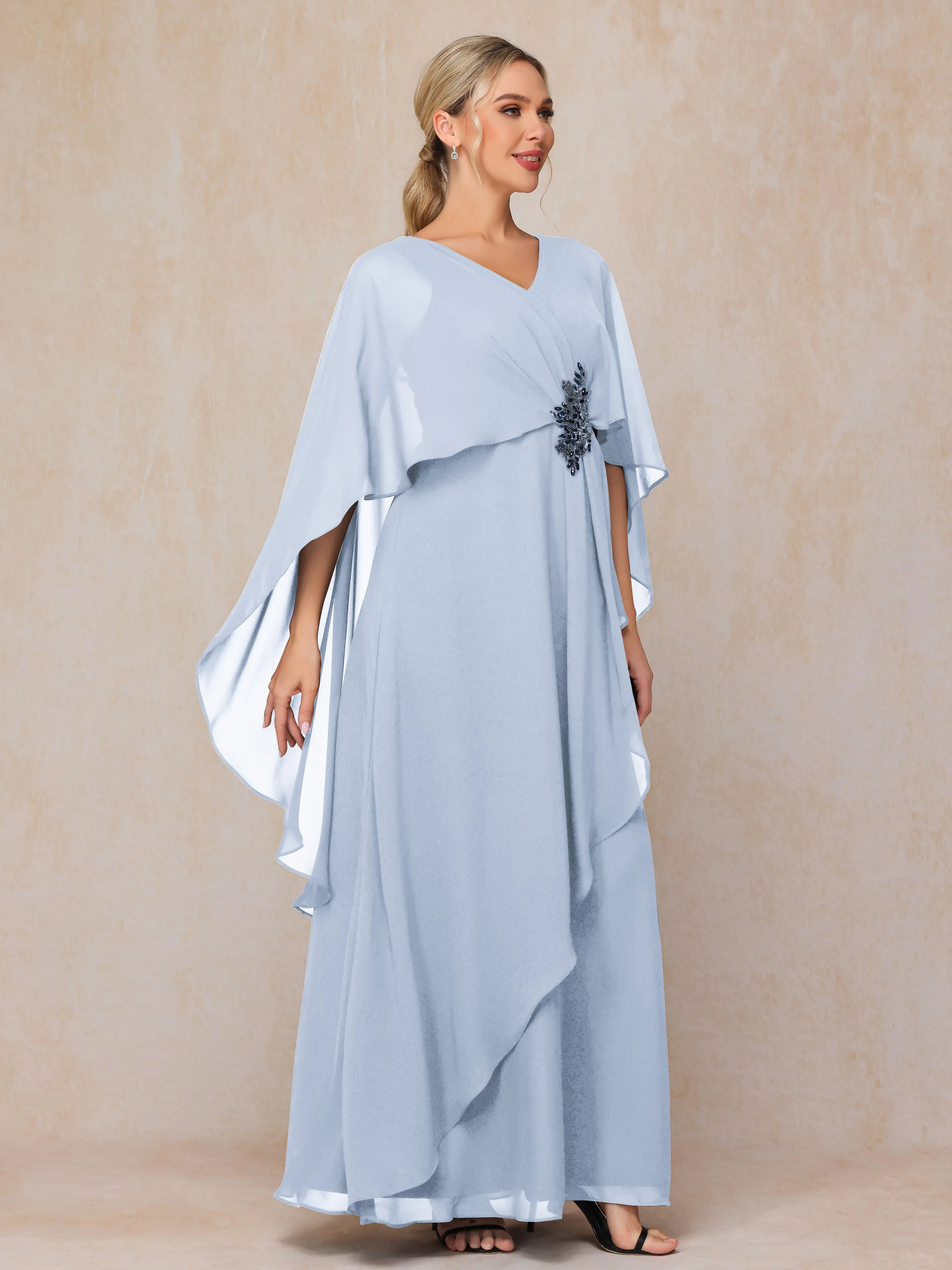 A-line Scoop Long Chiffon Mother of the Bride Dress With Beading Pleated