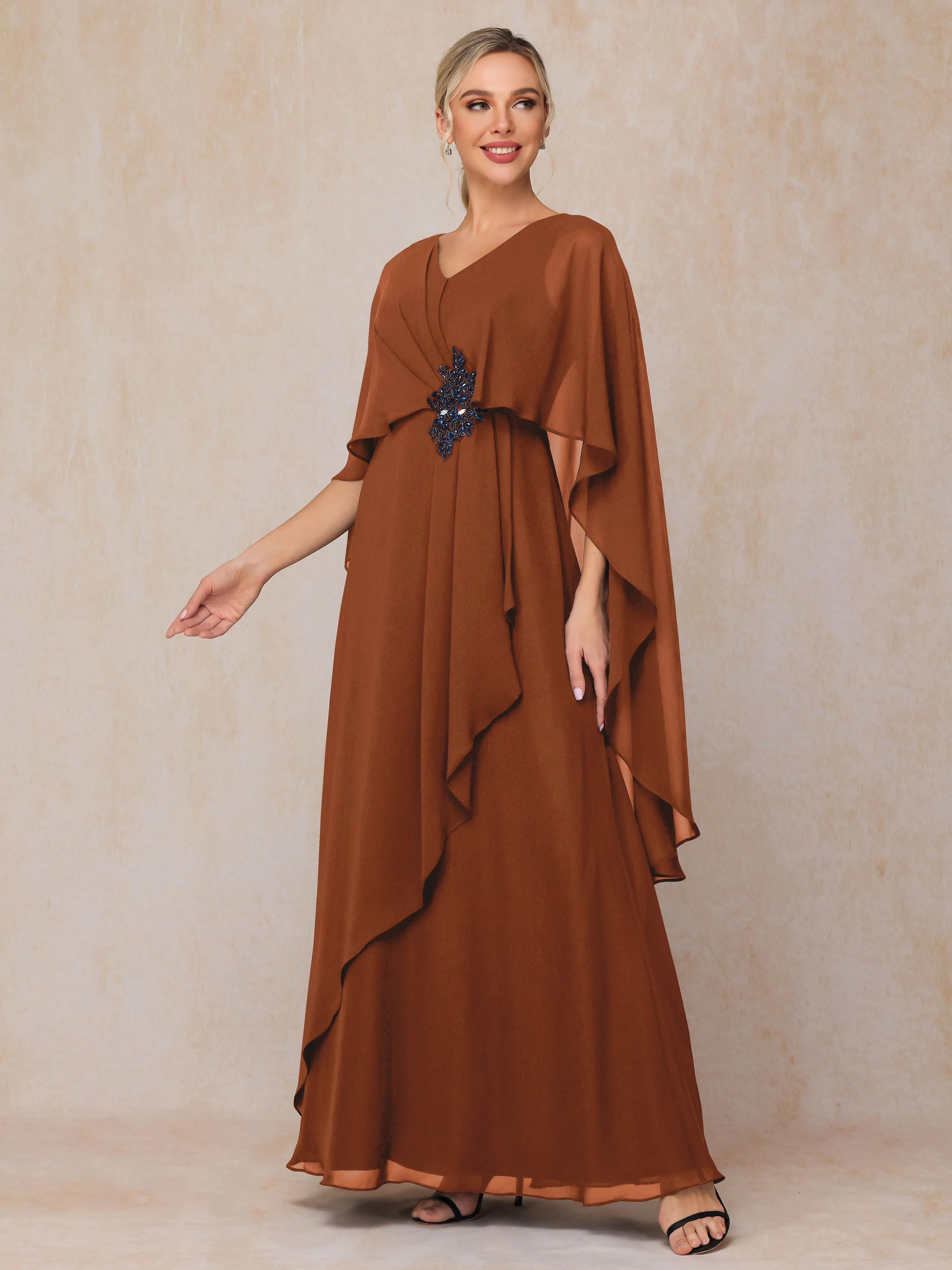A-line Scoop Long Chiffon Mother of the Bride Dress With Beading Pleated