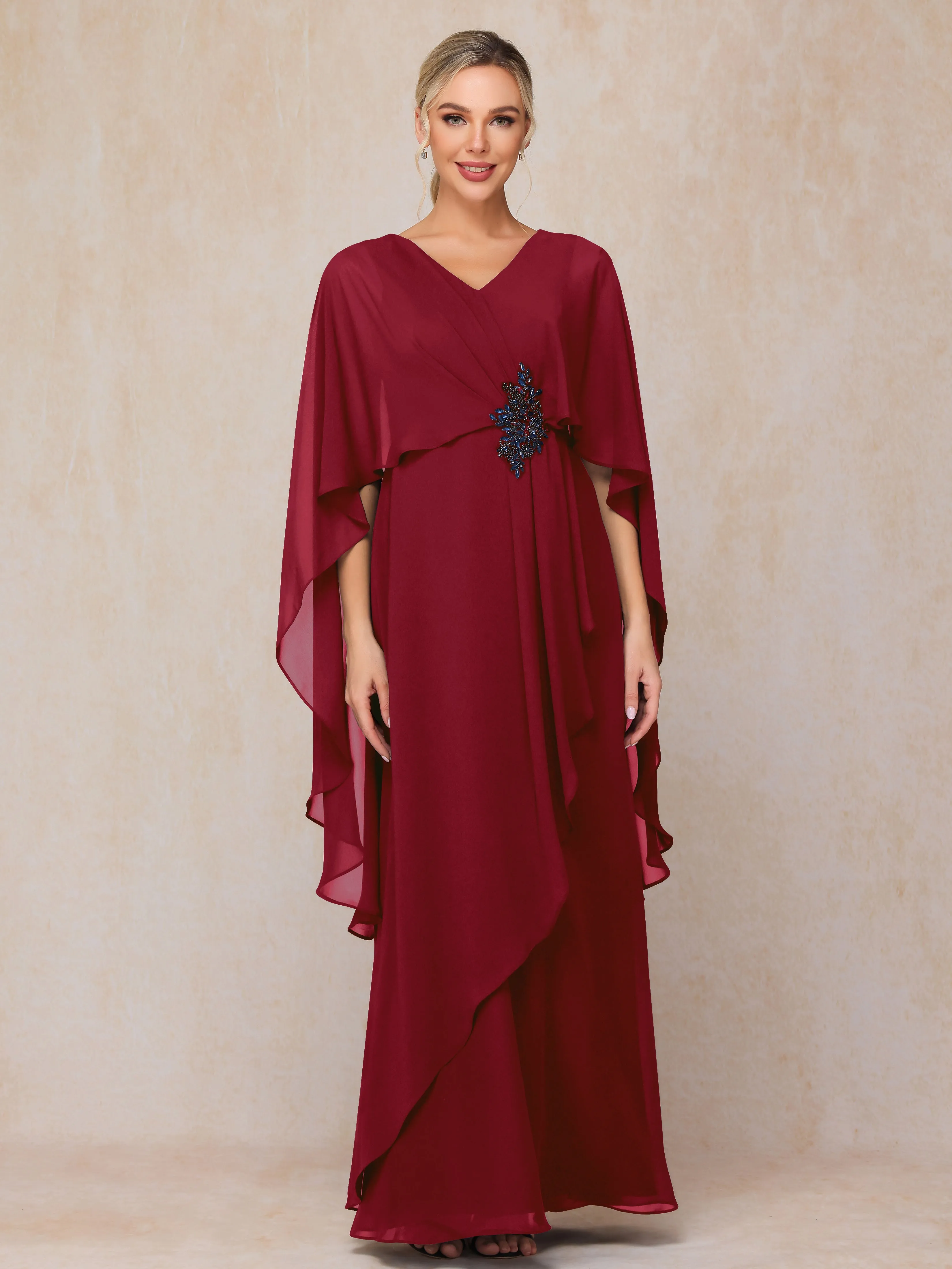 A-line Scoop Long Chiffon Mother of the Bride Dress With Beading Pleated