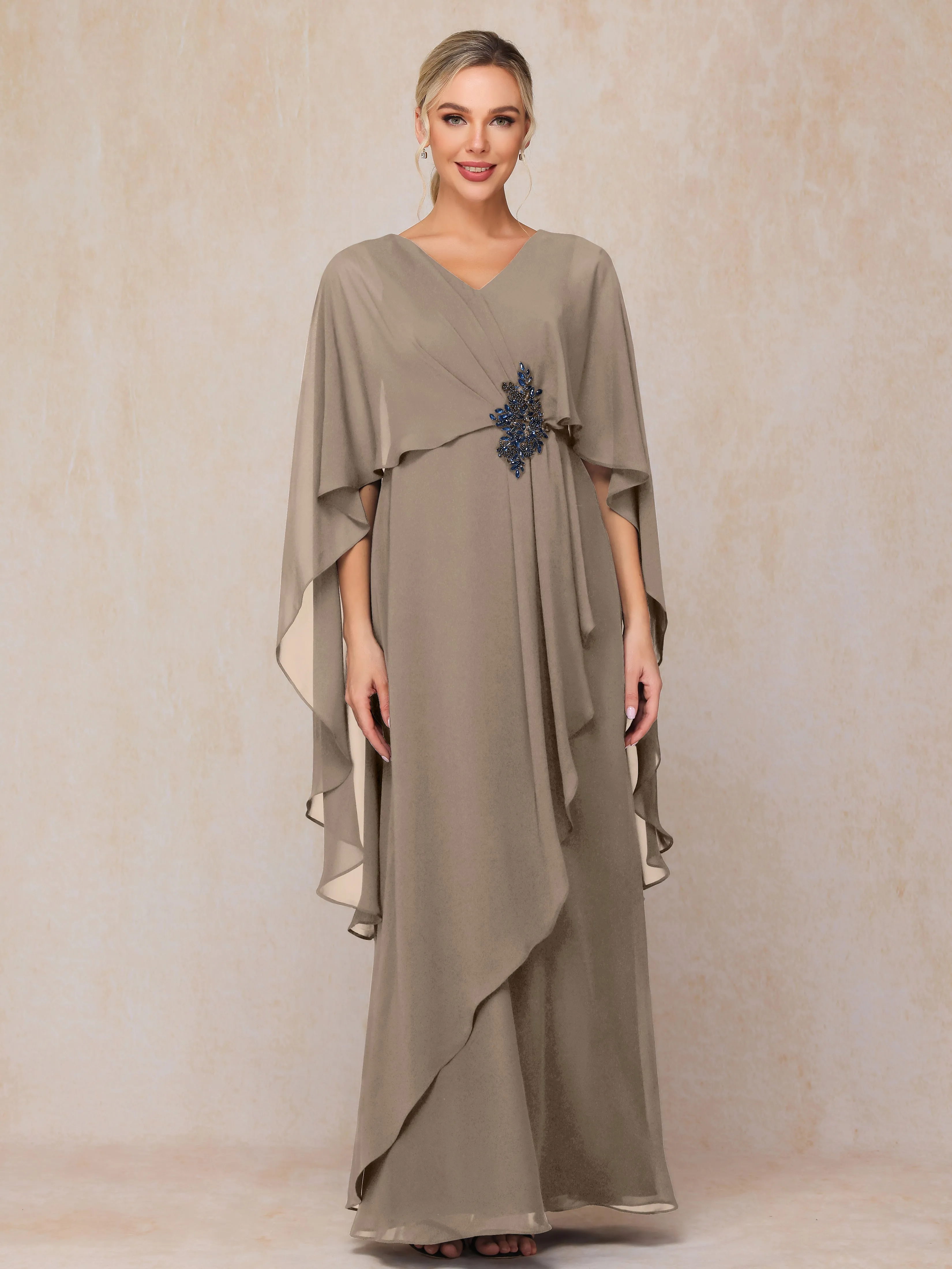 A-line Scoop Long Chiffon Mother of the Bride Dress With Beading Pleated