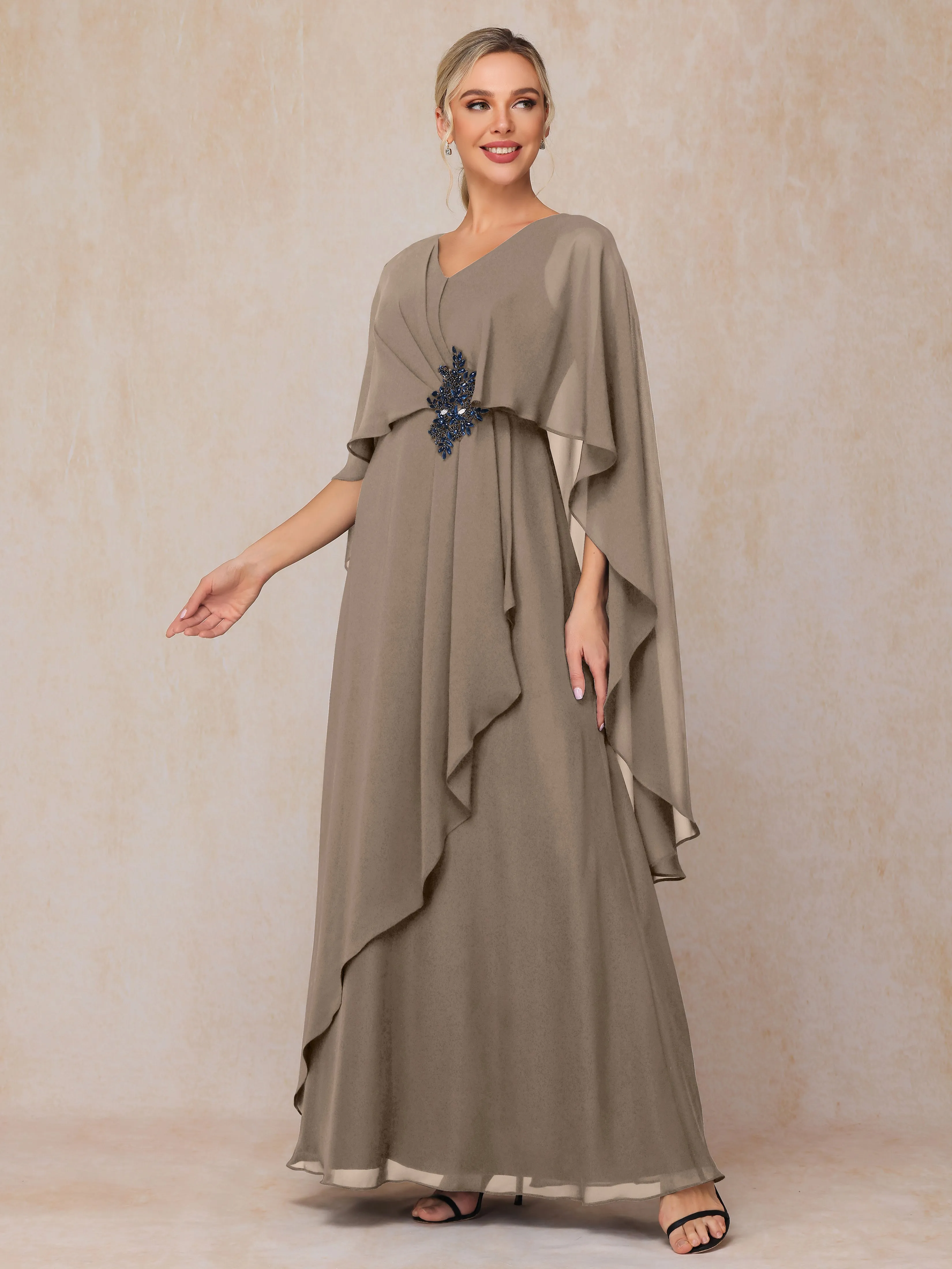 A-line Scoop Long Chiffon Mother of the Bride Dress With Beading Pleated