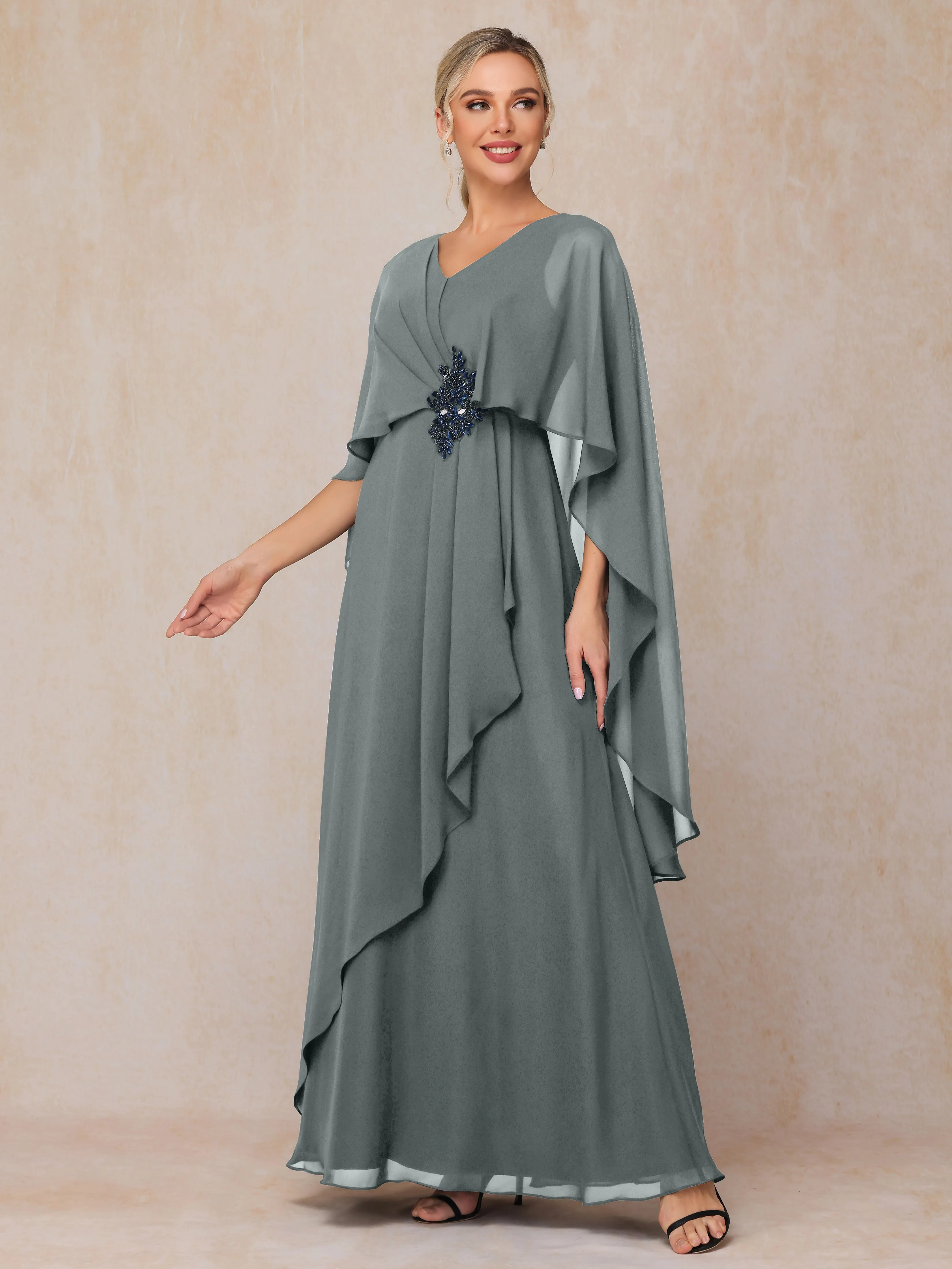 A-line Scoop Long Chiffon Mother of the Bride Dress With Beading Pleated