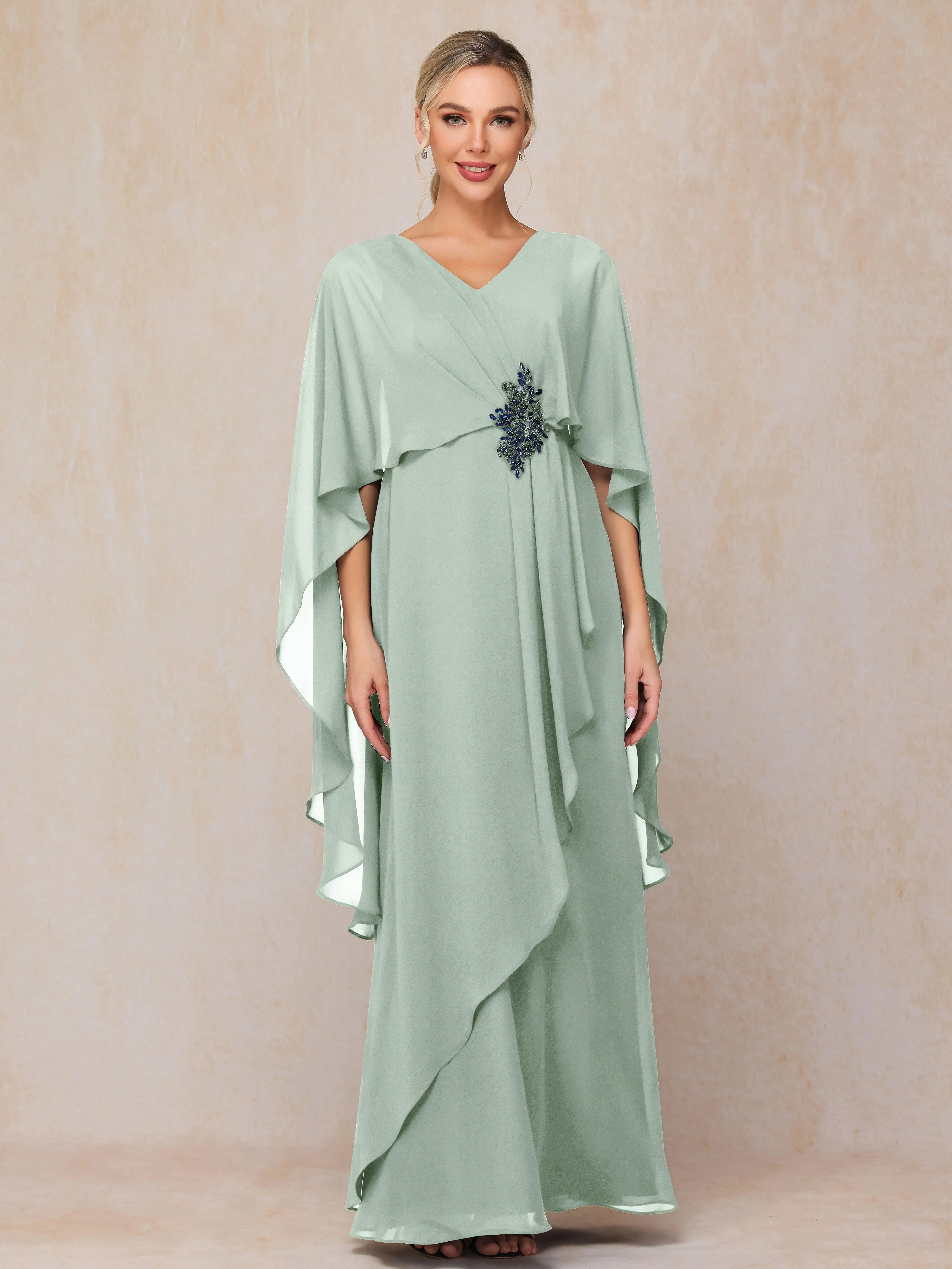 A-line Scoop Long Chiffon Mother of the Bride Dress With Beading Pleated