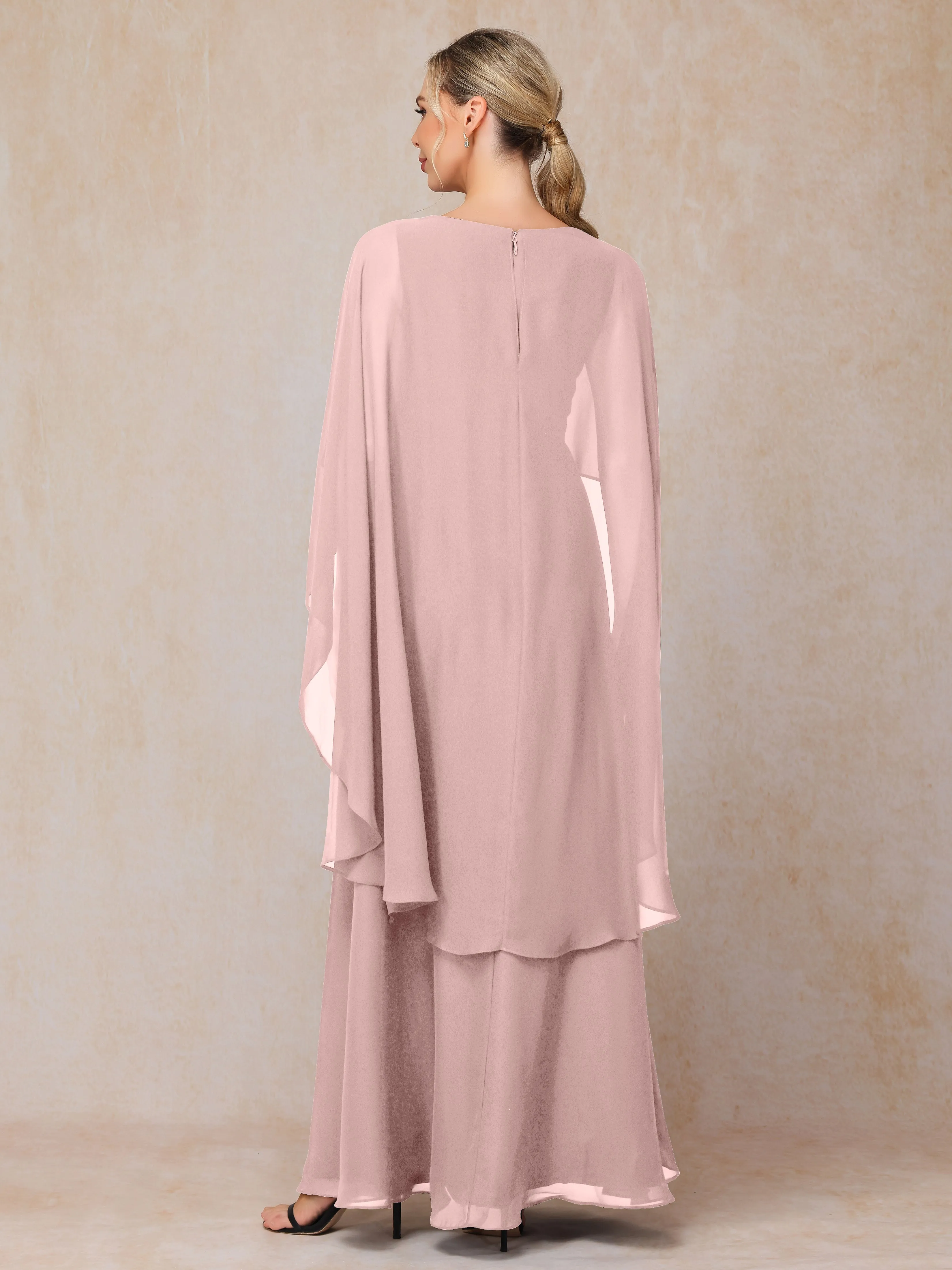 A-line Scoop Long Chiffon Mother of the Bride Dress With Beading Pleated