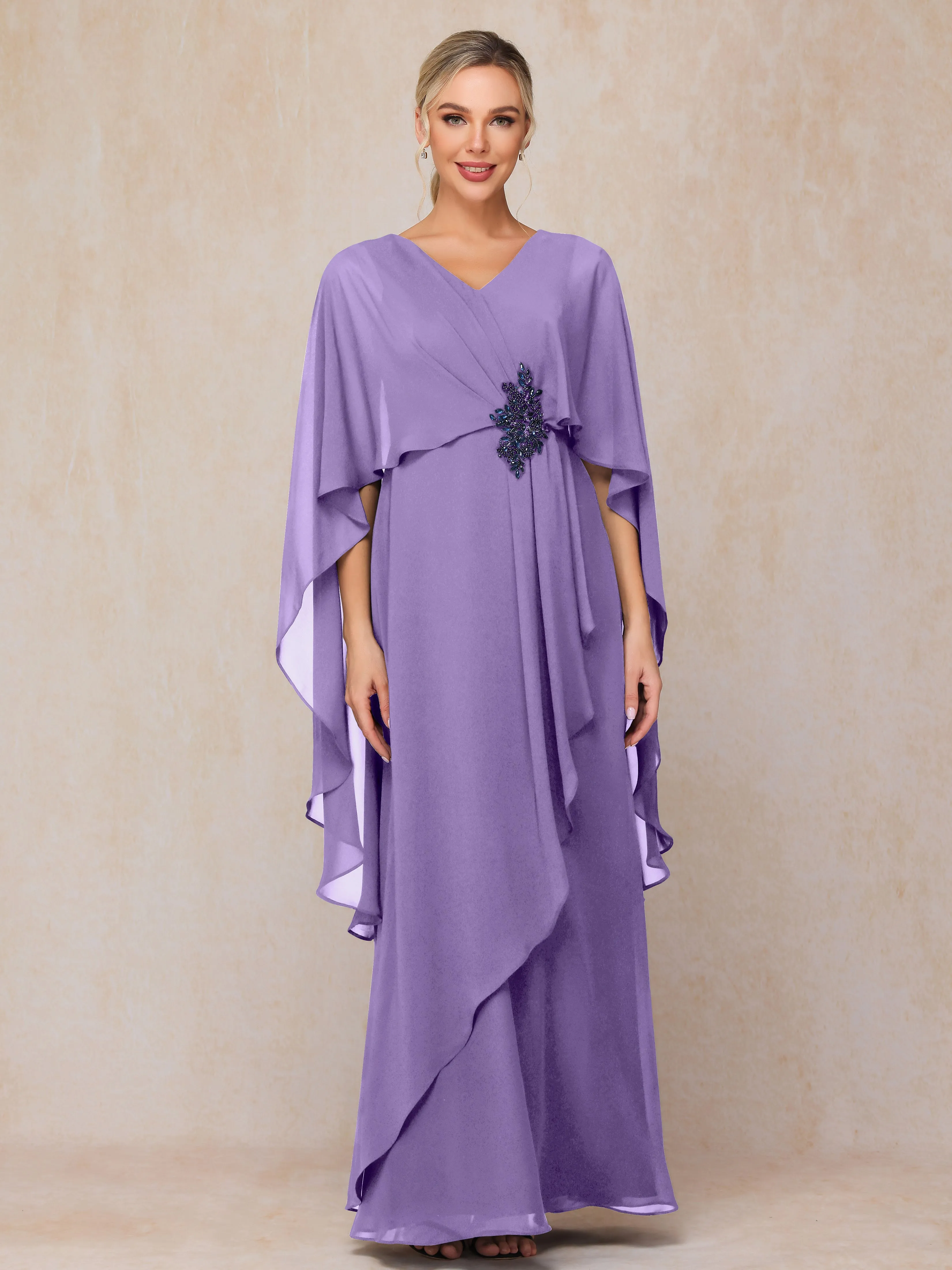 A-line Scoop Long Chiffon Mother of the Bride Dress With Beading Pleated