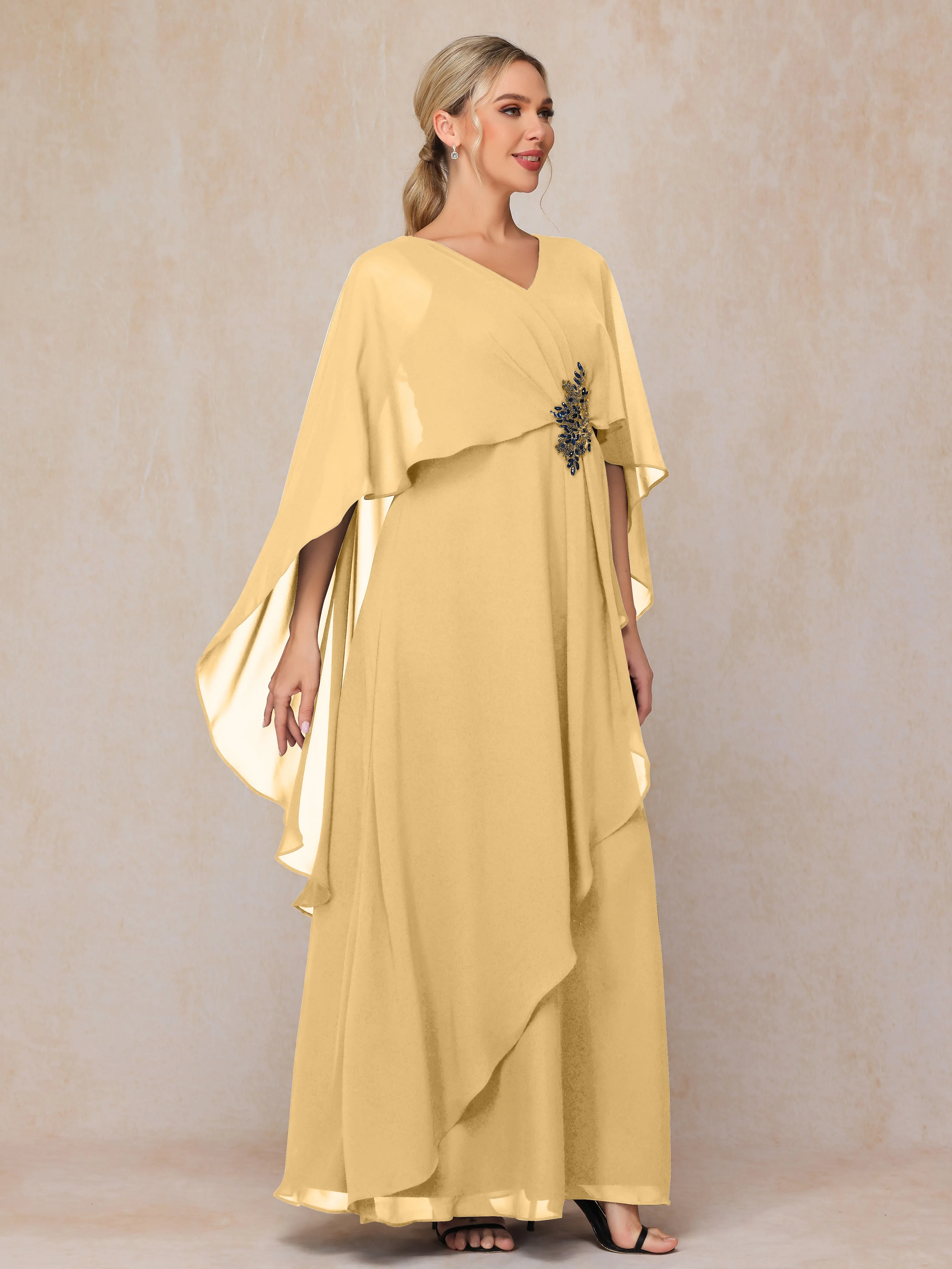 A-line Scoop Long Chiffon Mother of the Bride Dress With Beading Pleated