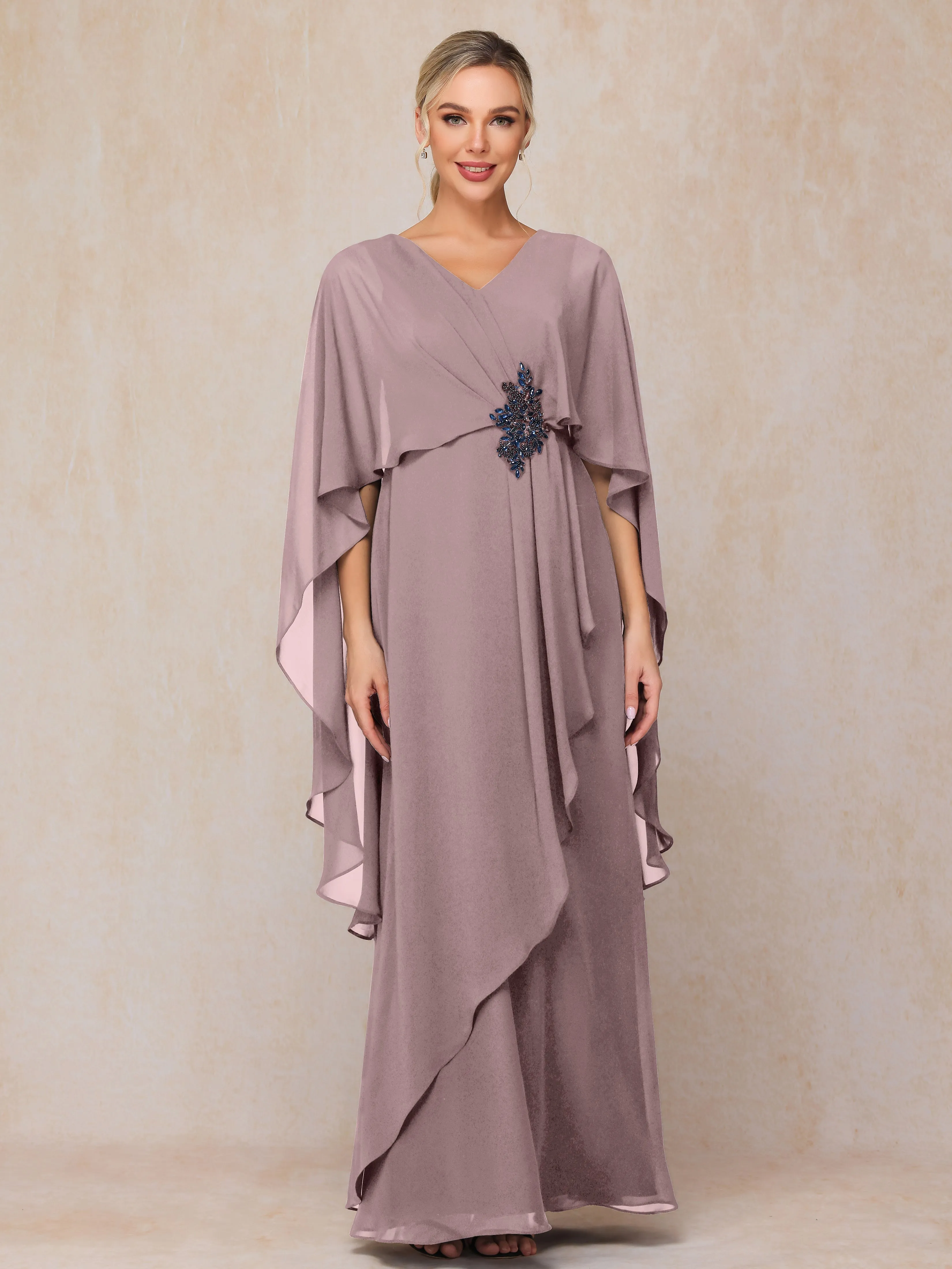 A-line Scoop Long Chiffon Mother of the Bride Dress With Beading Pleated