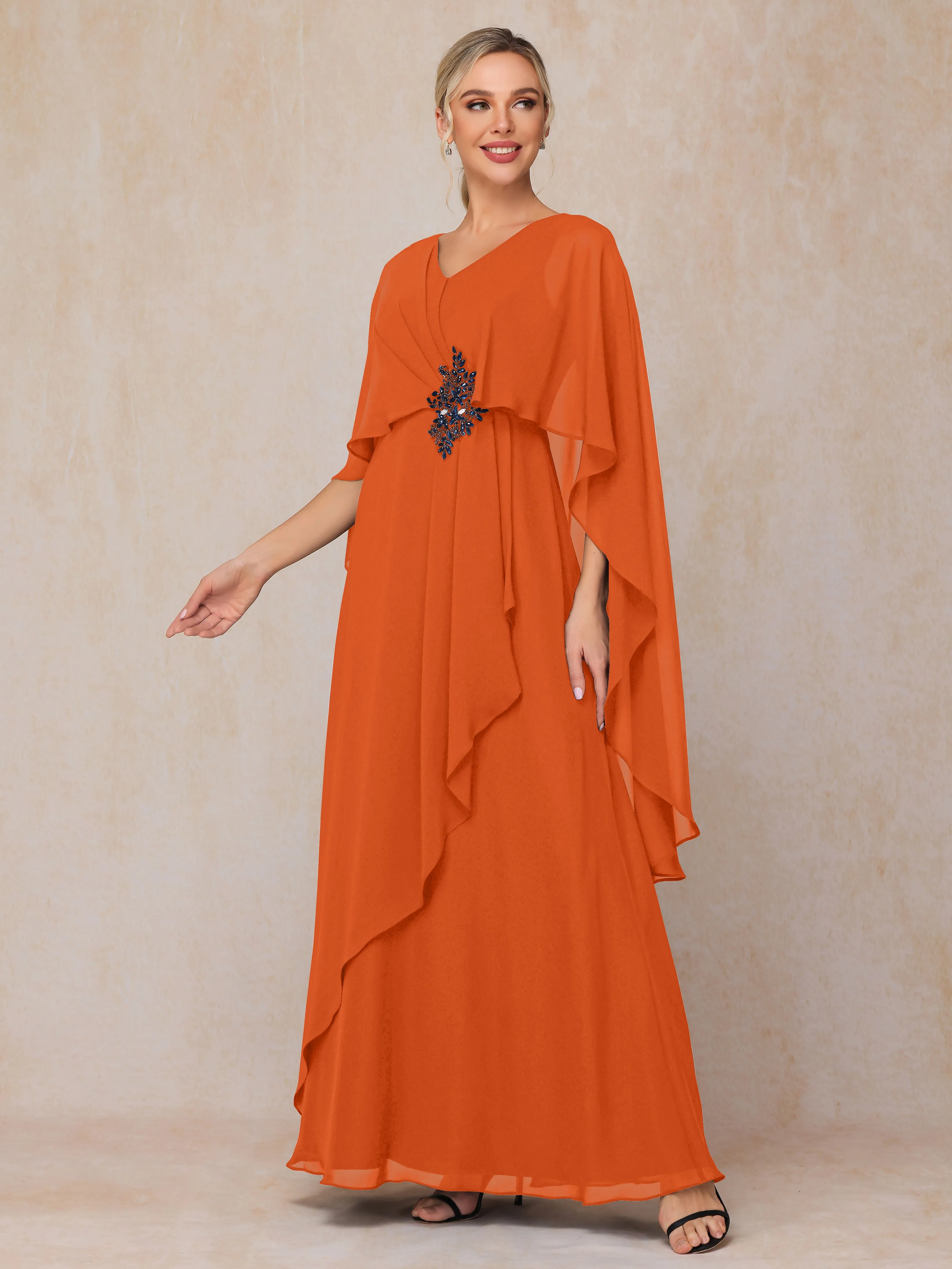 A-line Scoop Long Chiffon Mother of the Bride Dress With Beading Pleated