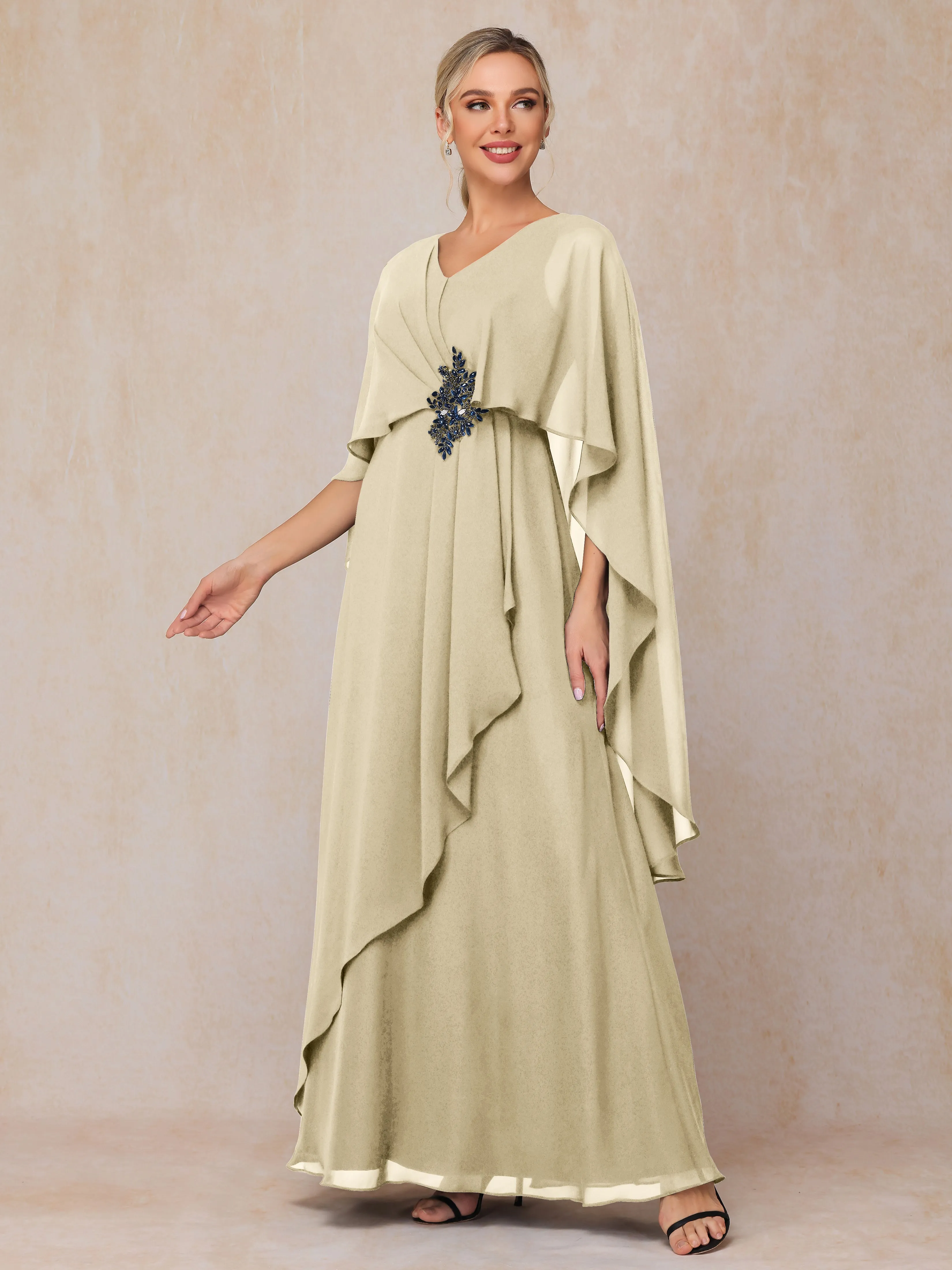 A-line Scoop Long Chiffon Mother of the Bride Dress With Beading Pleated