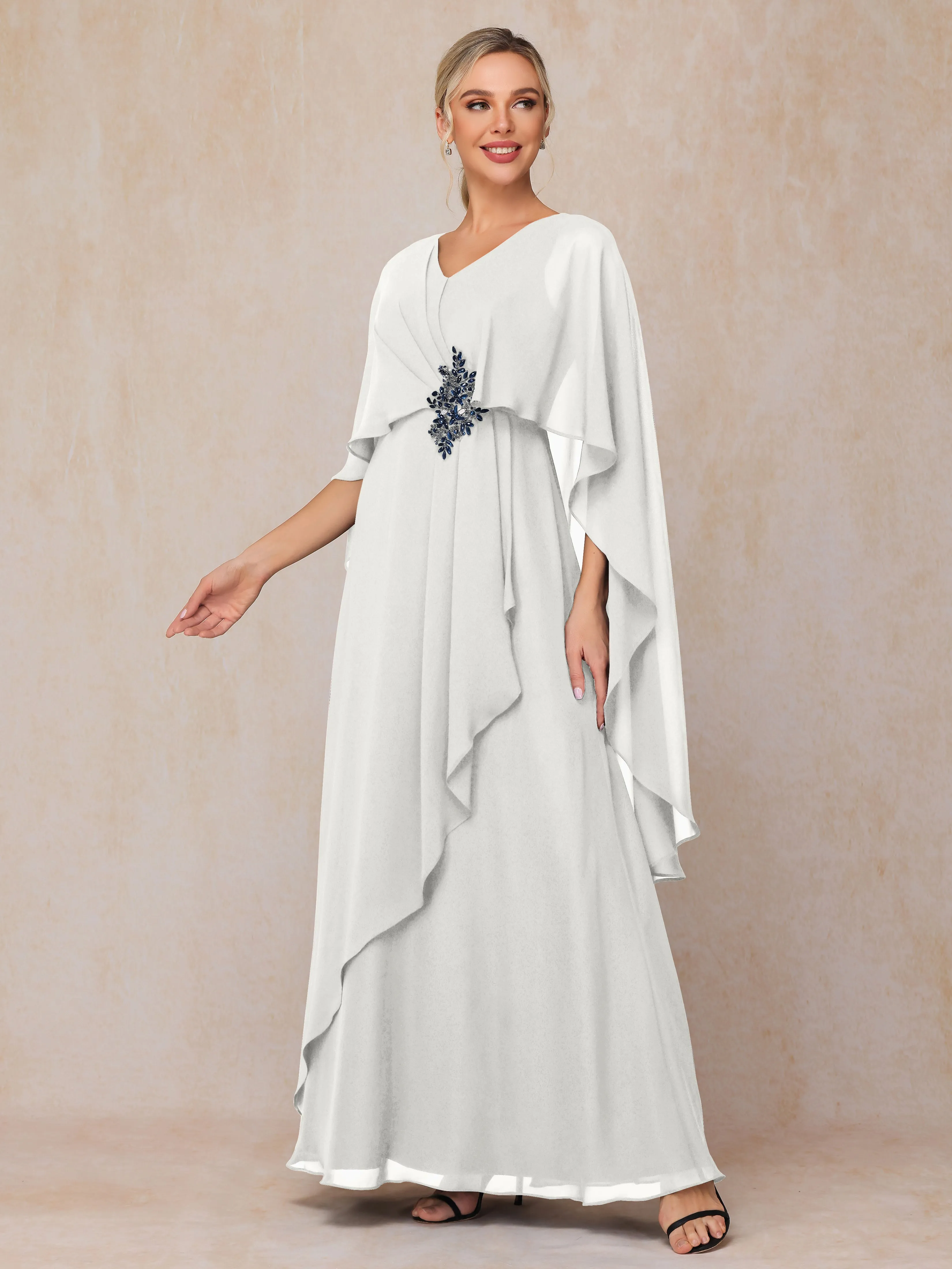 A-line Scoop Long Chiffon Mother of the Bride Dress With Beading Pleated