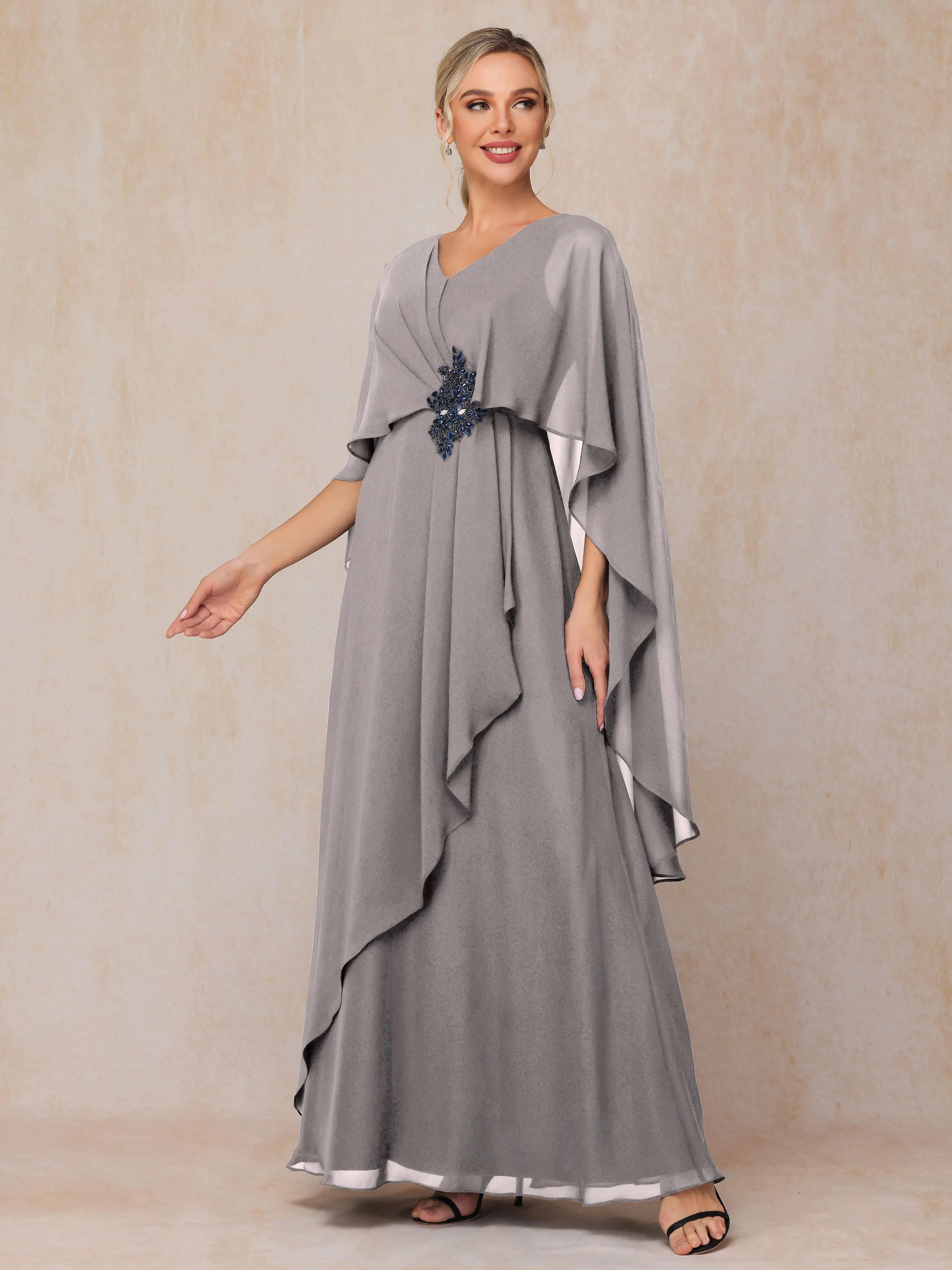 A-line Scoop Long Chiffon Mother of the Bride Dress With Beading Pleated