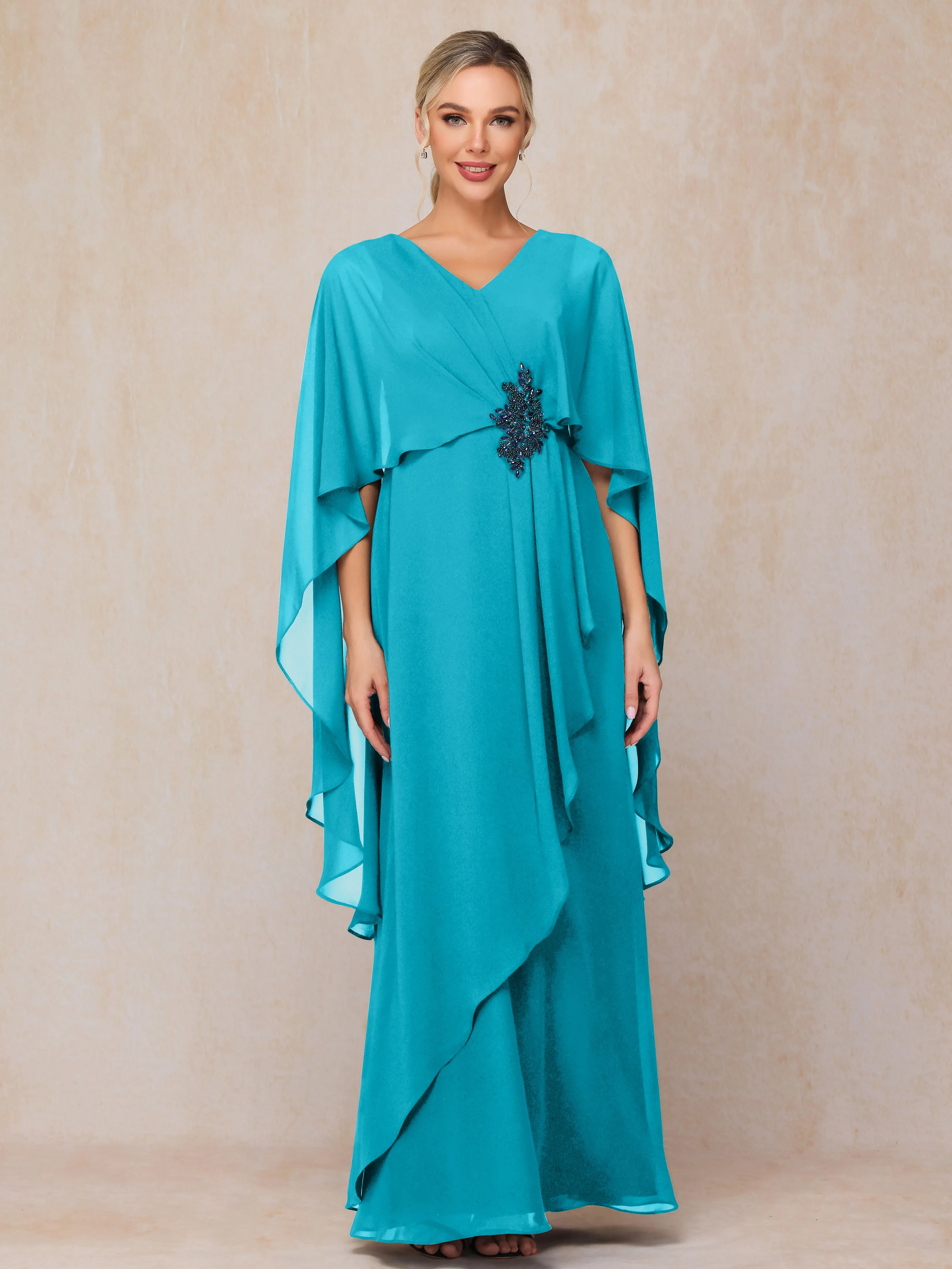 A-line Scoop Long Chiffon Mother of the Bride Dress With Beading Pleated