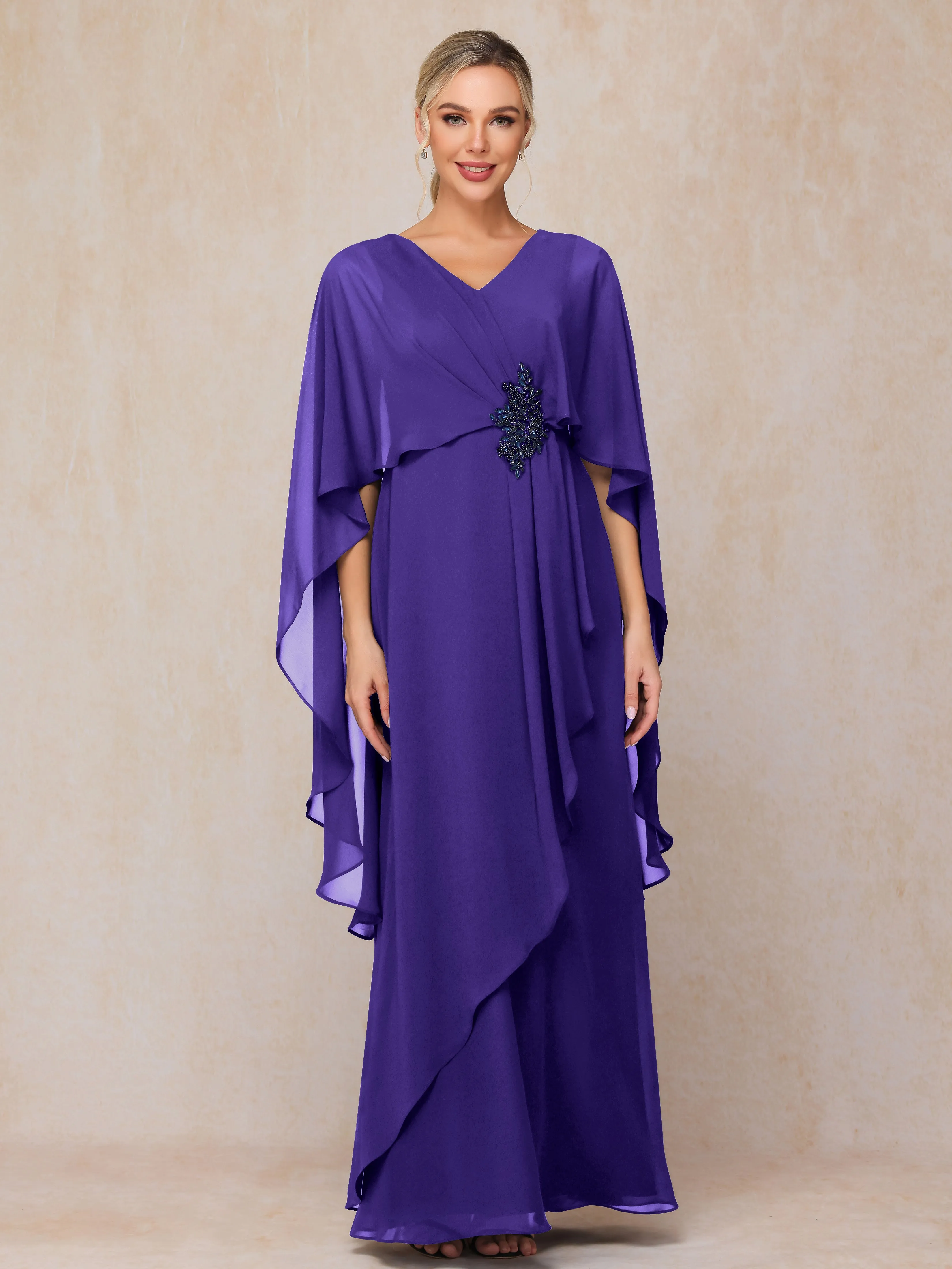 A-line Scoop Long Chiffon Mother of the Bride Dress With Beading Pleated