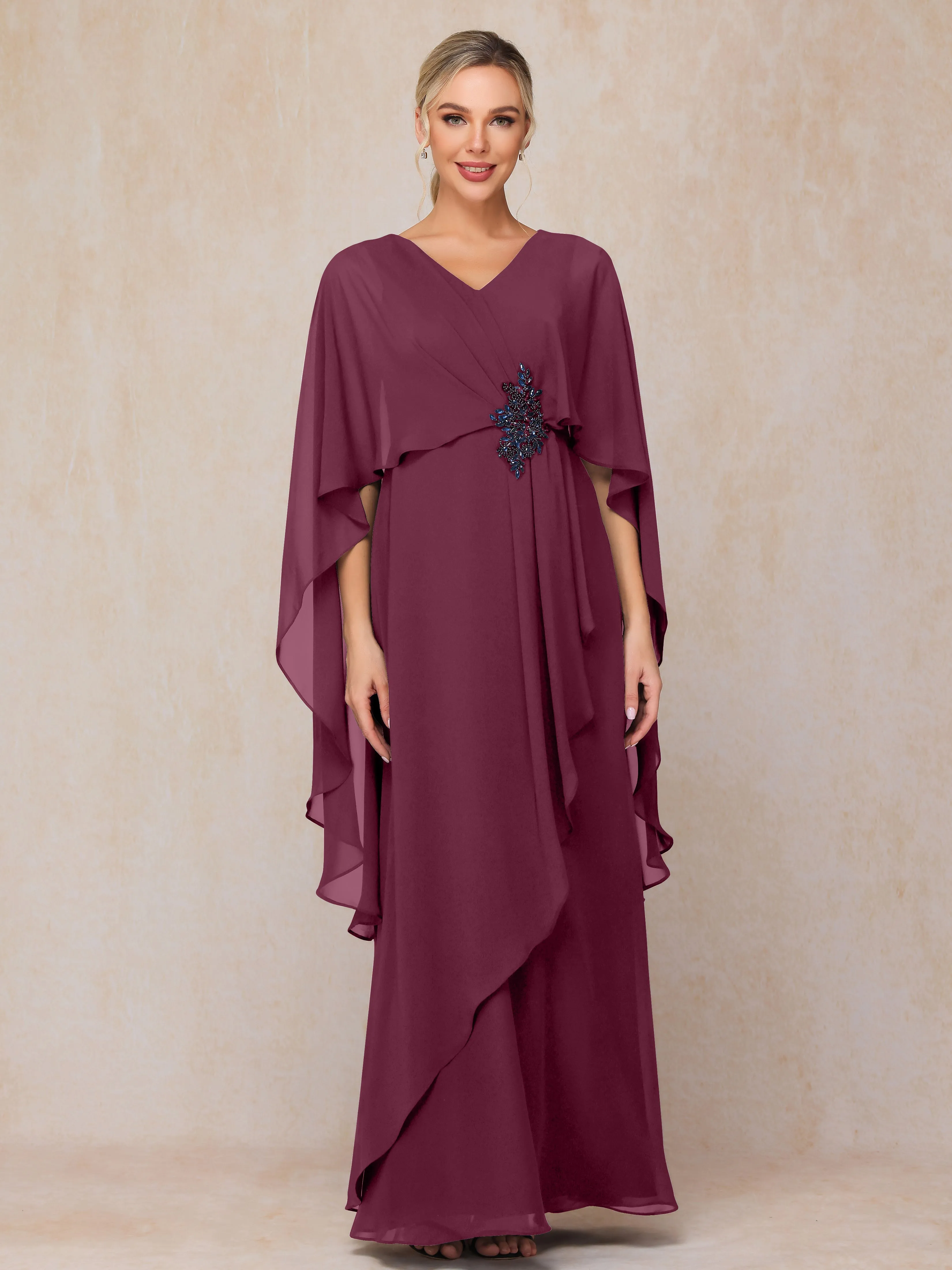 A-line Scoop Long Chiffon Mother of the Bride Dress With Beading Pleated