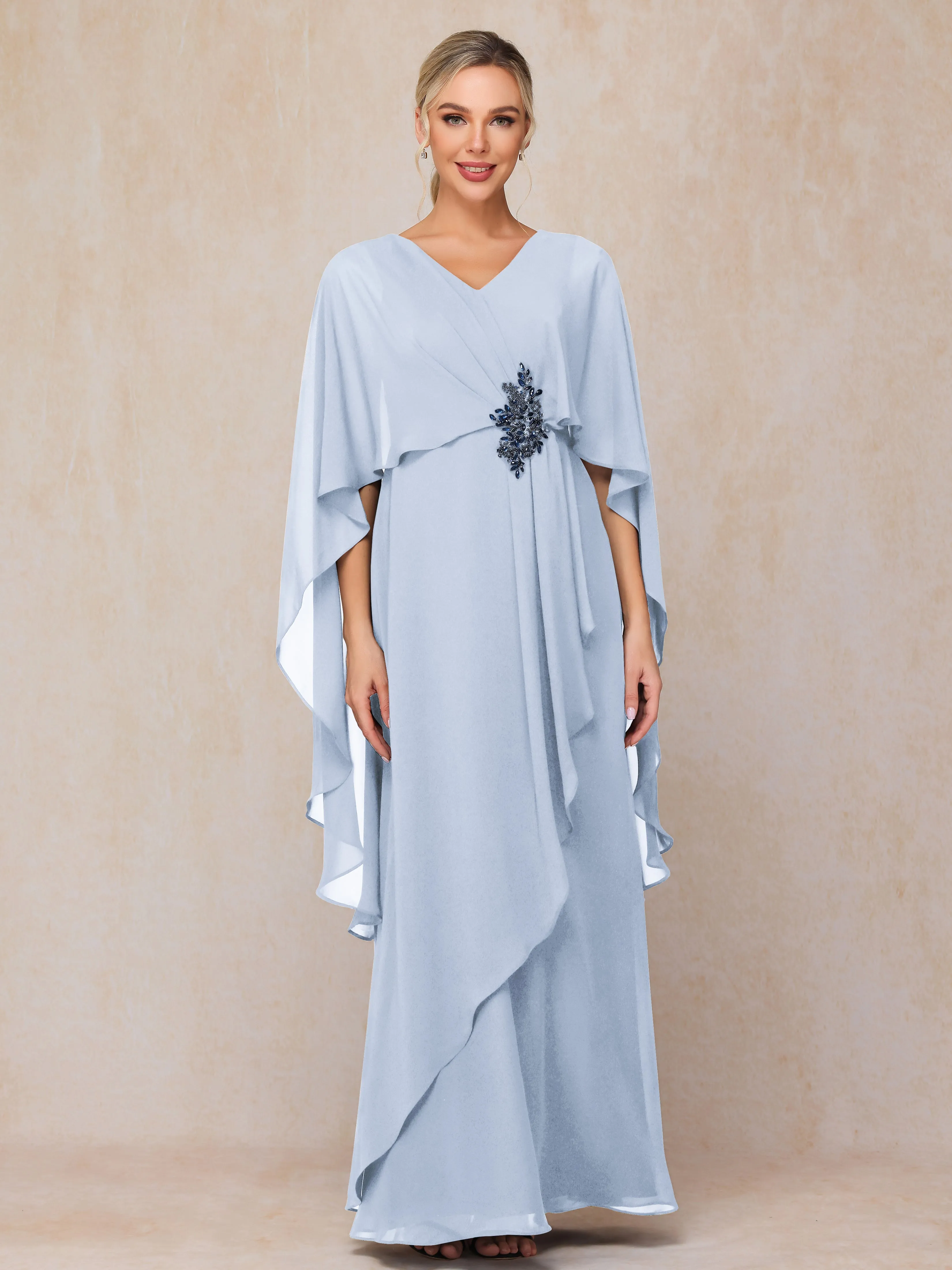A-line Scoop Long Chiffon Mother of the Bride Dress With Beading Pleated