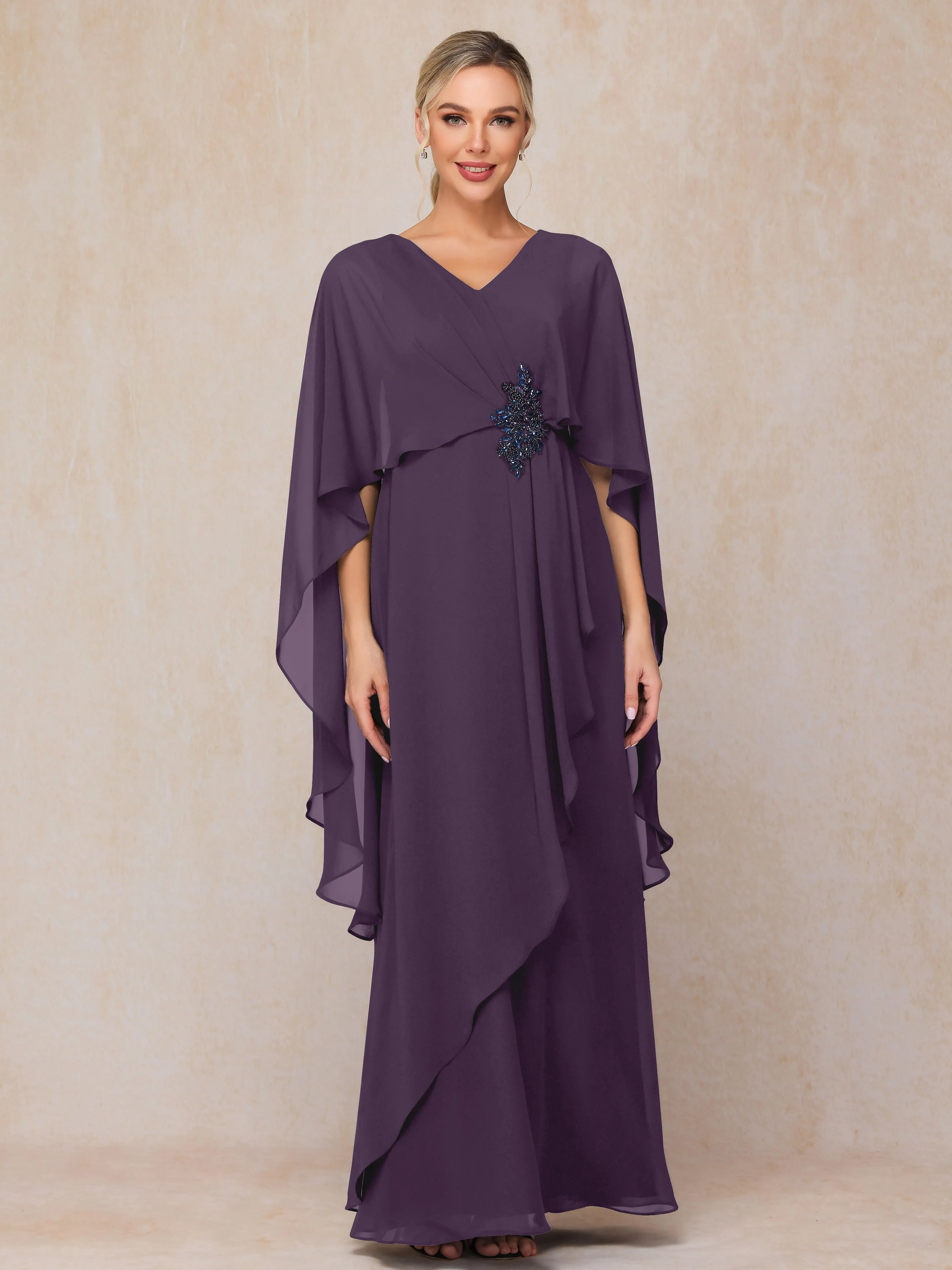A-line Scoop Long Chiffon Mother of the Bride Dress With Beading Pleated