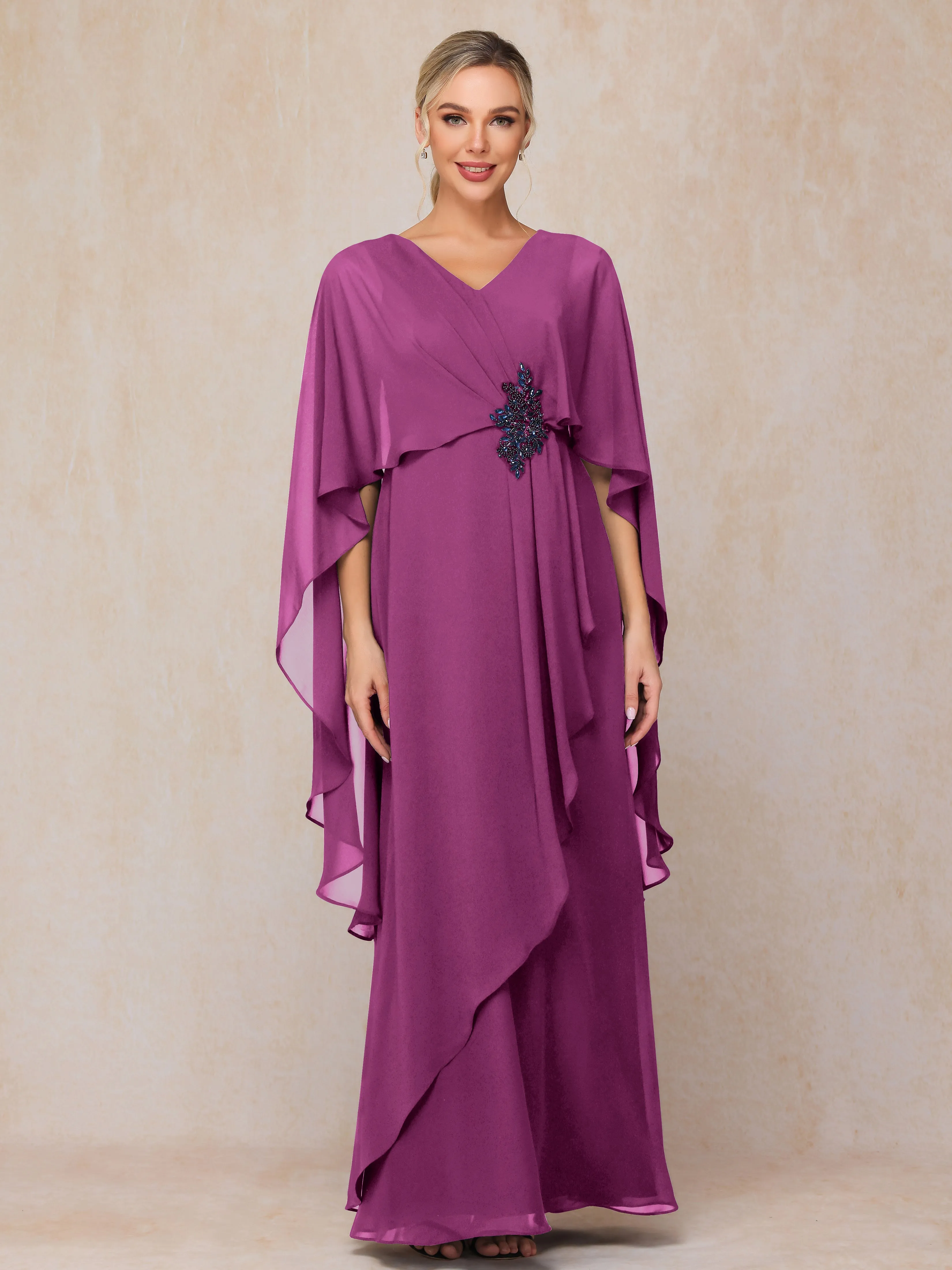 A-line Scoop Long Chiffon Mother of the Bride Dress With Beading Pleated