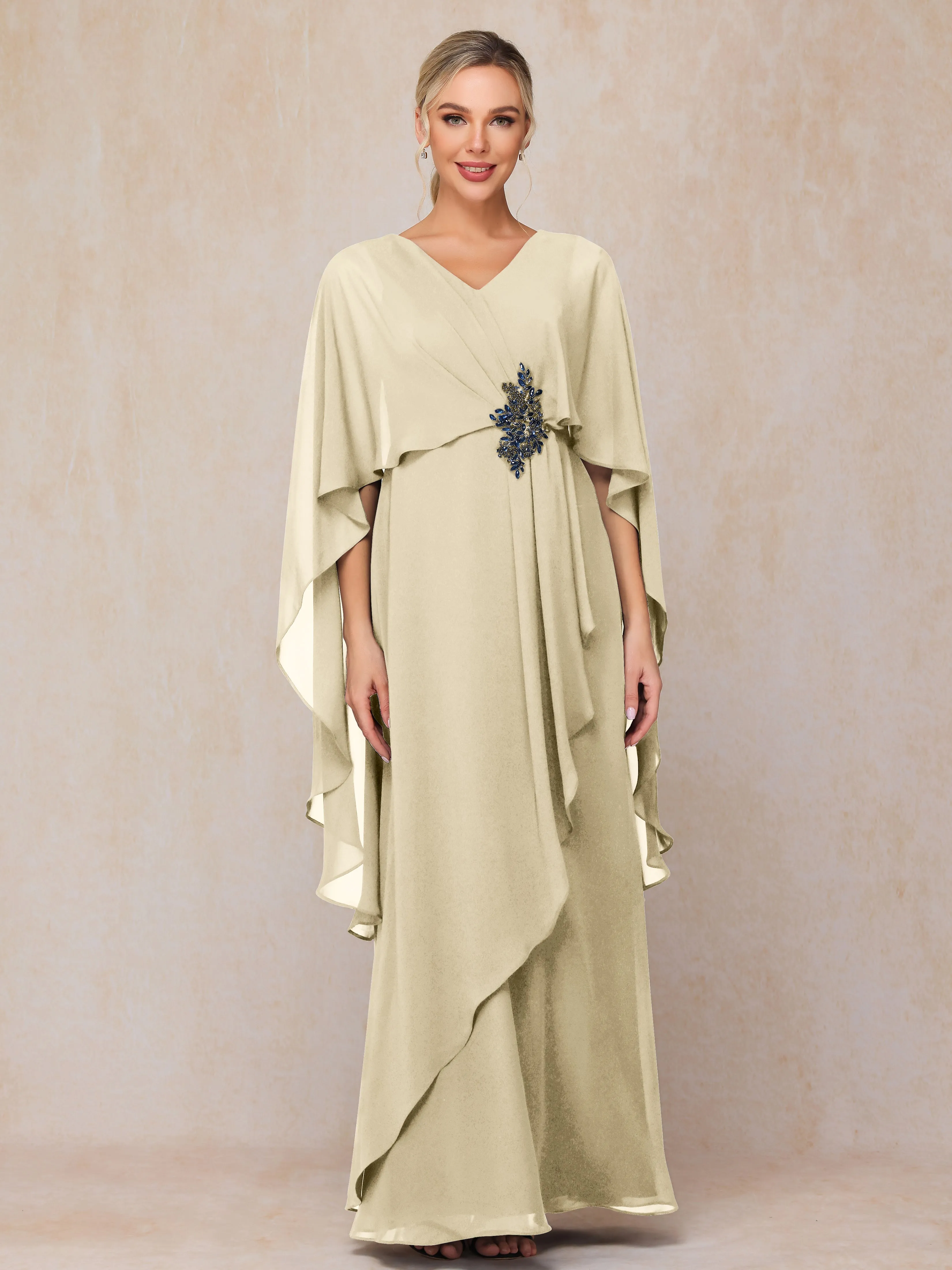 A-line Scoop Long Chiffon Mother of the Bride Dress With Beading Pleated