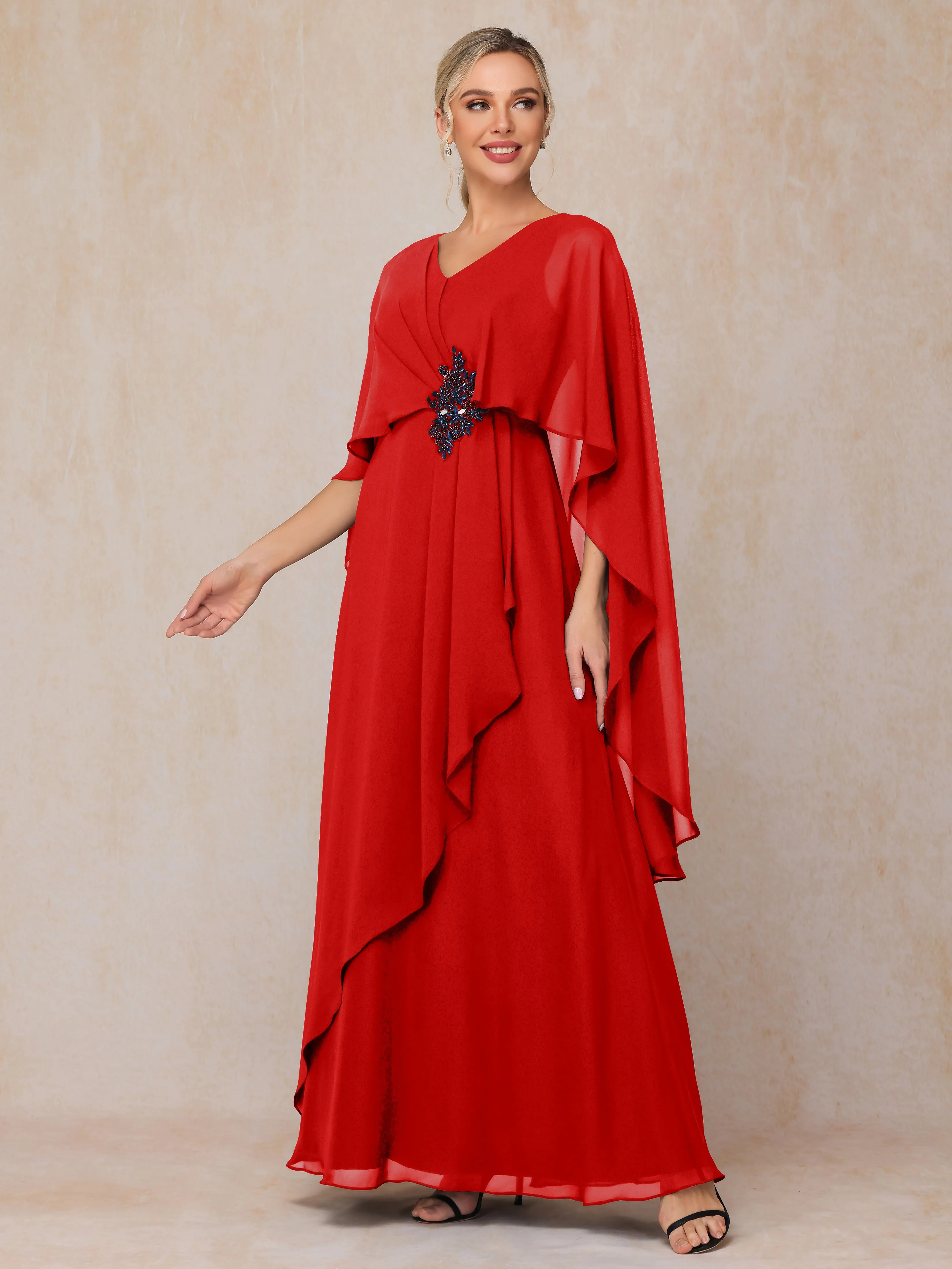 A-line Scoop Long Chiffon Mother of the Bride Dress With Beading Pleated