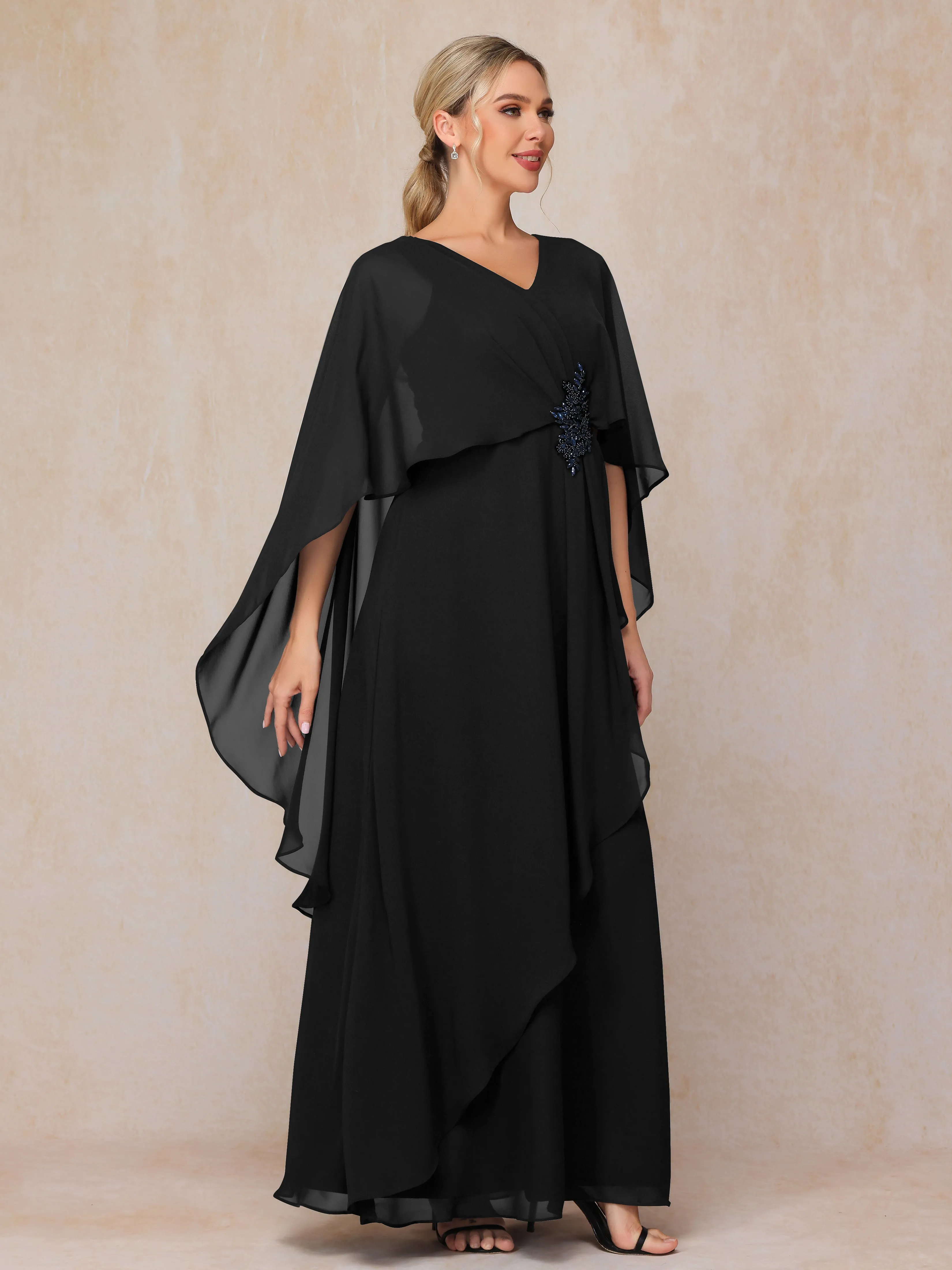 A-line Scoop Long Chiffon Mother of the Bride Dress With Beading Pleated