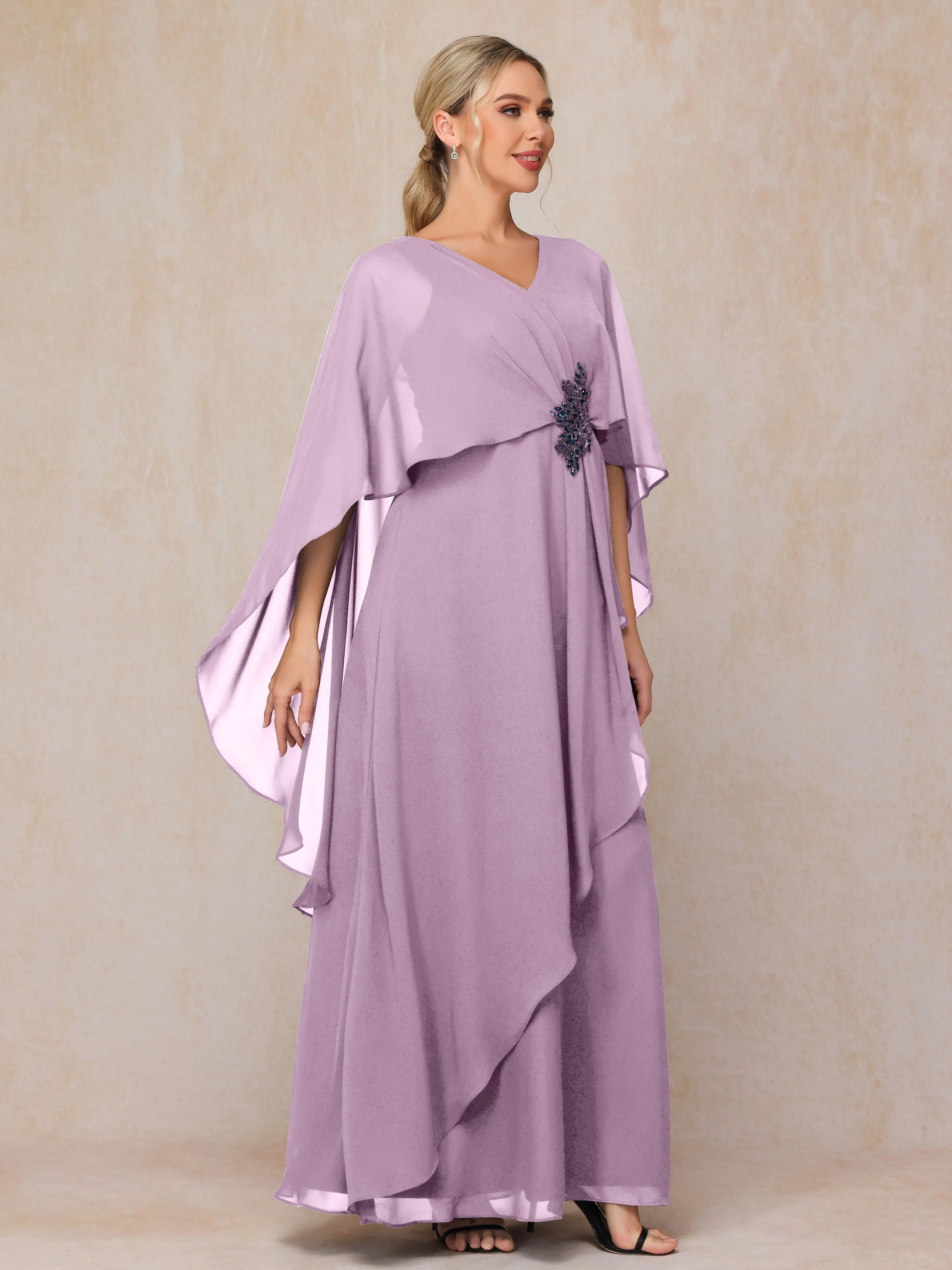 A-line Scoop Long Chiffon Mother of the Bride Dress With Beading Pleated