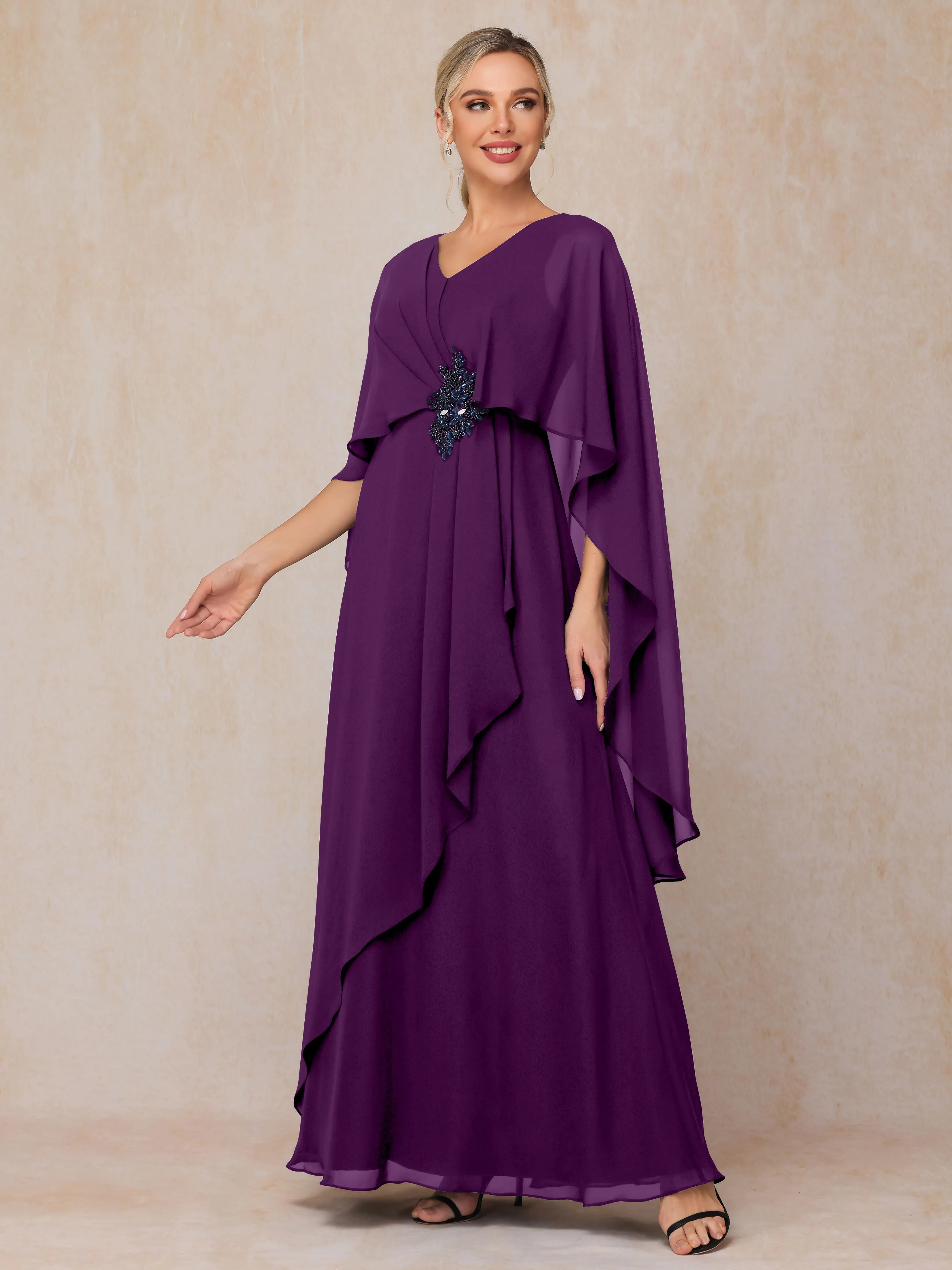 A-line Scoop Long Chiffon Mother of the Bride Dress With Beading Pleated