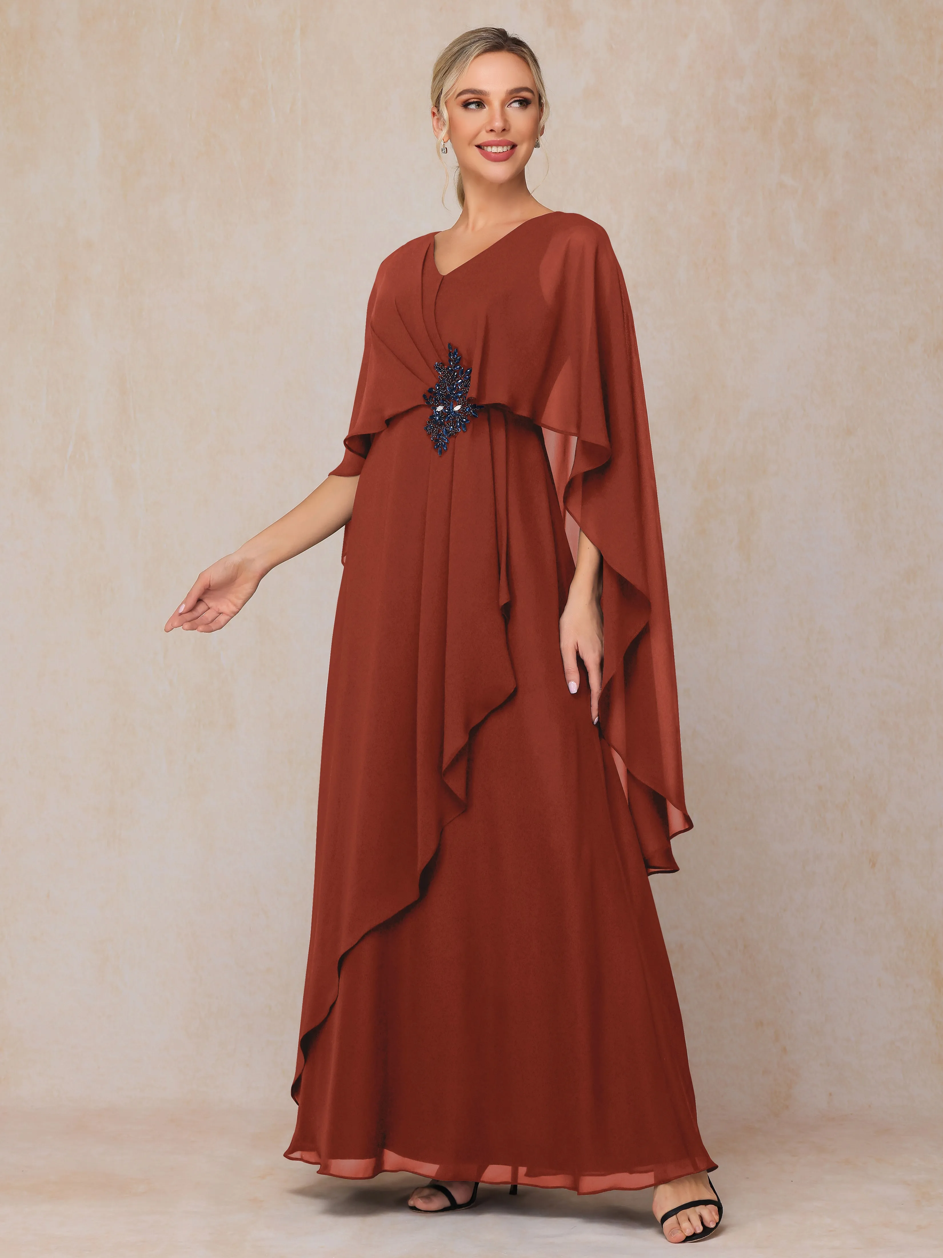 A-line Scoop Long Chiffon Mother of the Bride Dress With Beading Pleated