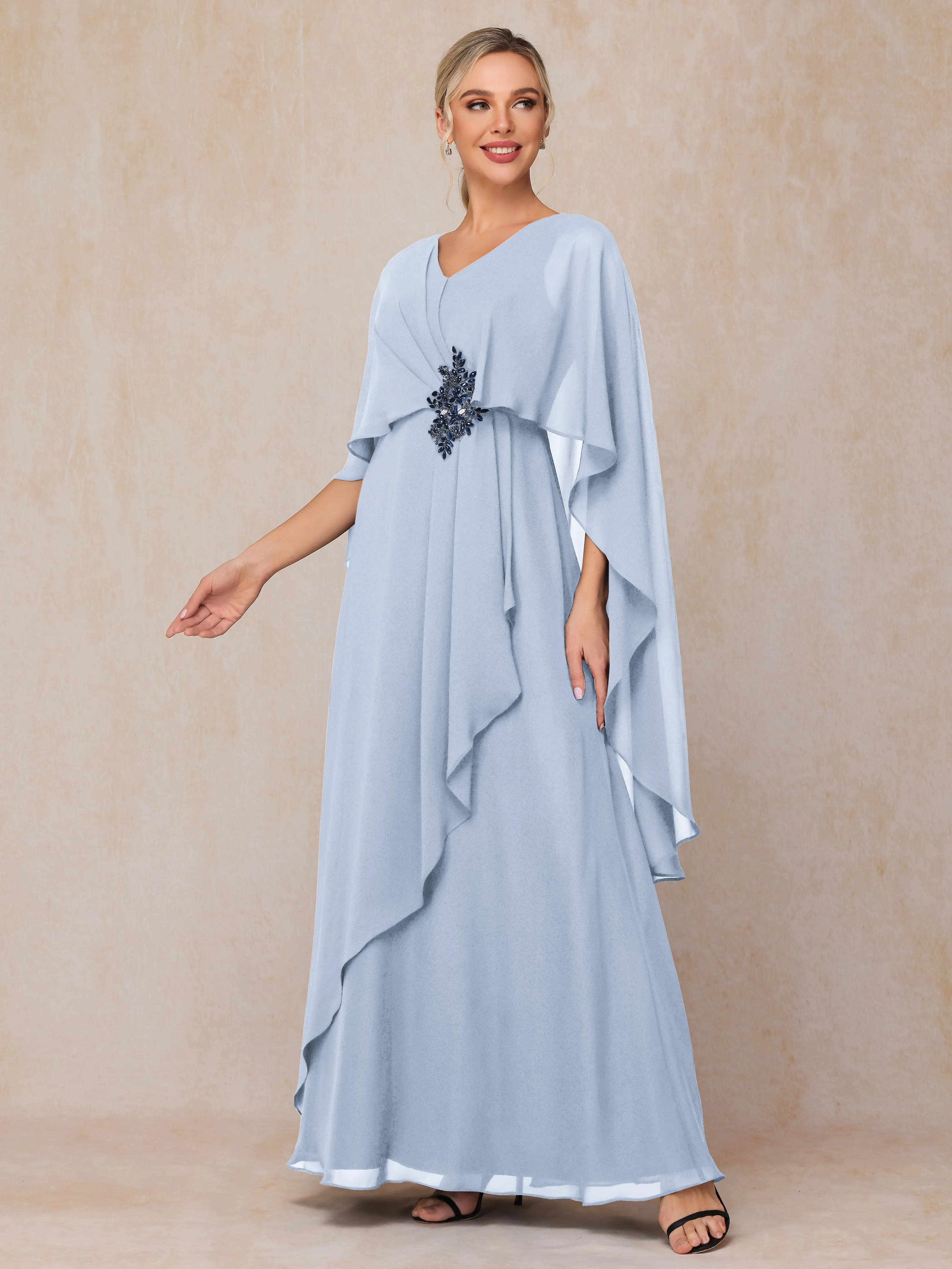 A-line Scoop Long Chiffon Mother of the Bride Dress With Beading Pleated