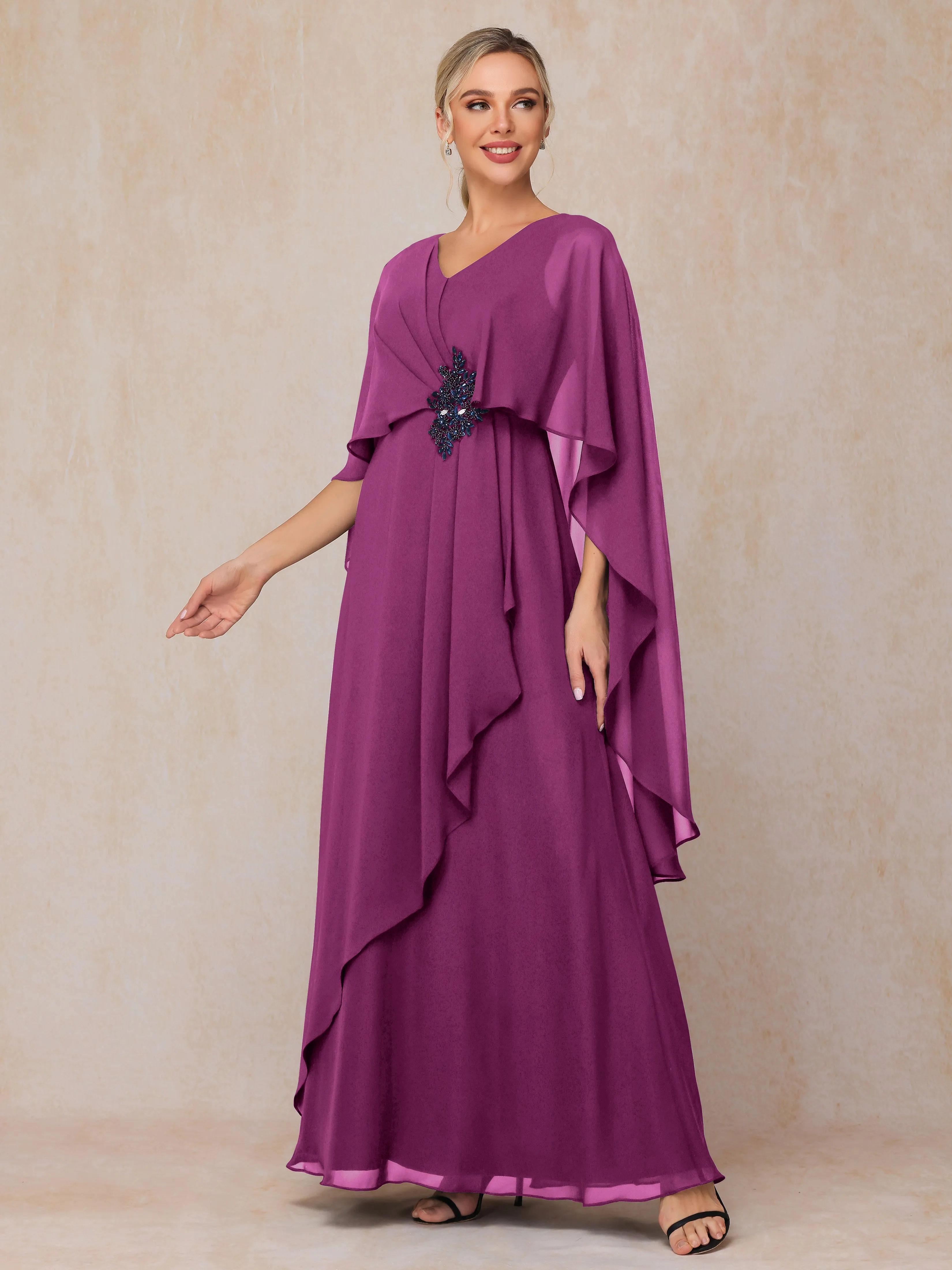A-line Scoop Long Chiffon Mother of the Bride Dress With Beading Pleated