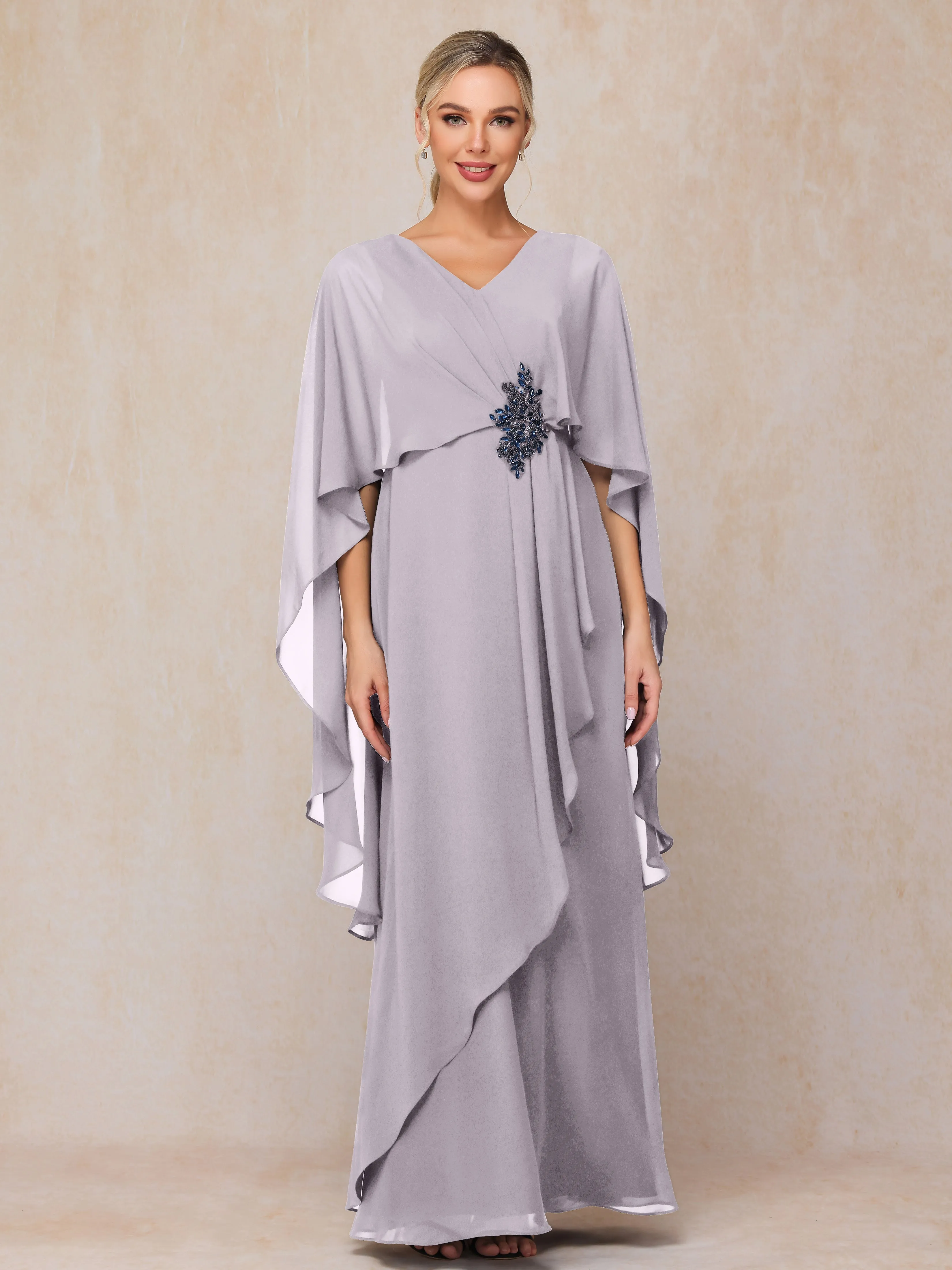A-line Scoop Long Chiffon Mother of the Bride Dress With Beading Pleated