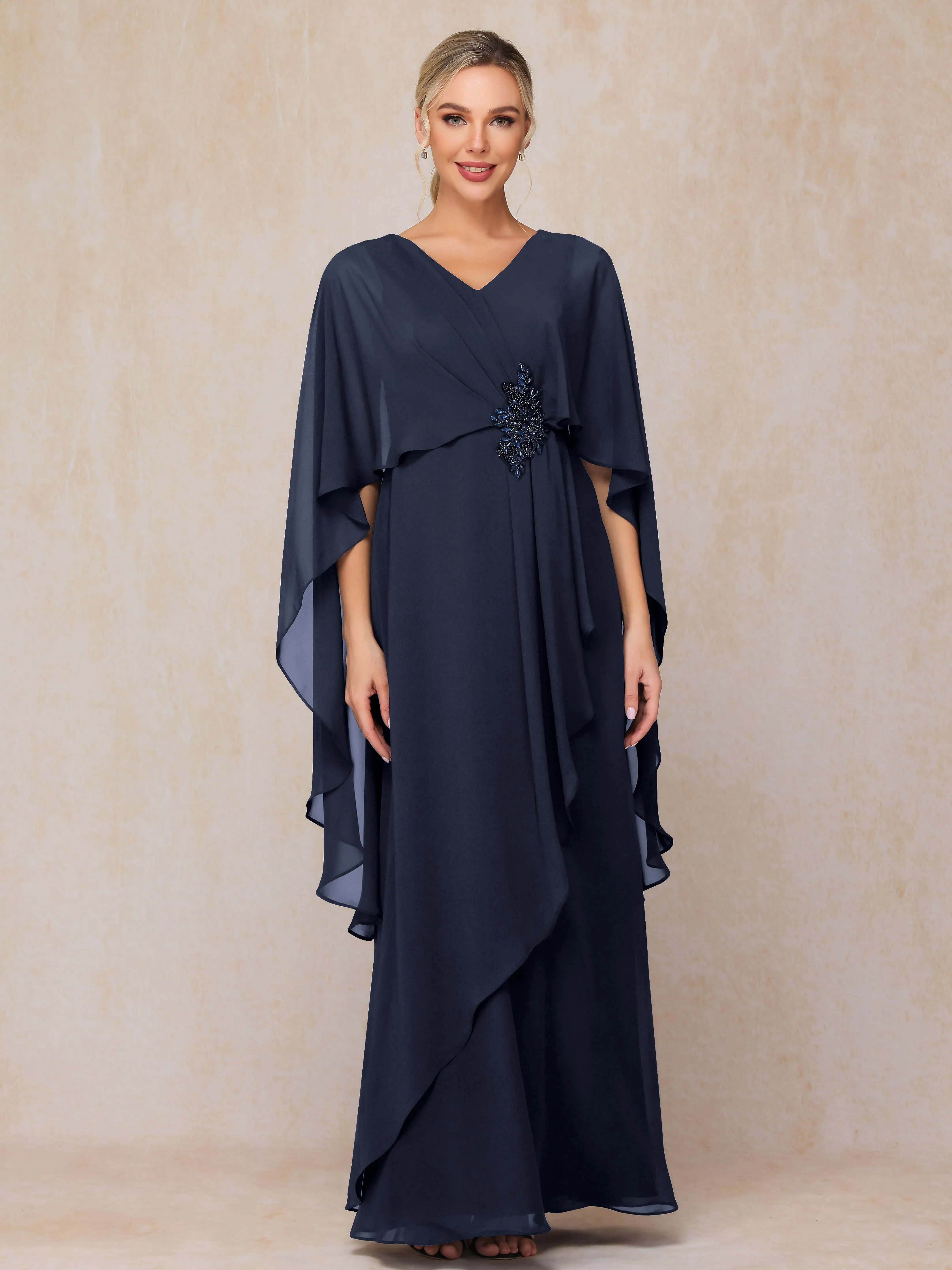 A-line Scoop Long Chiffon Mother of the Bride Dress With Beading Pleated