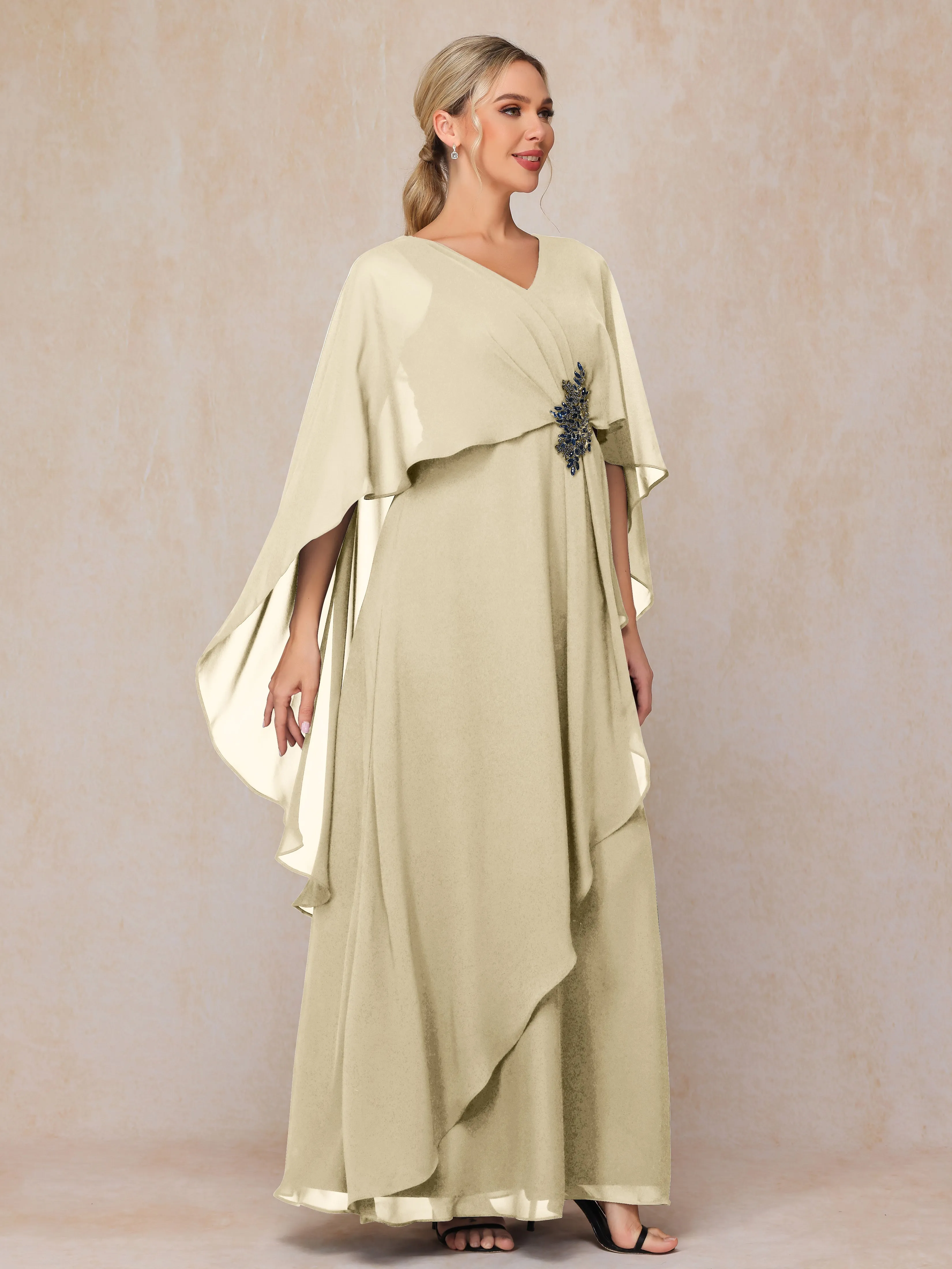 A-line Scoop Long Chiffon Mother of the Bride Dress With Beading Pleated
