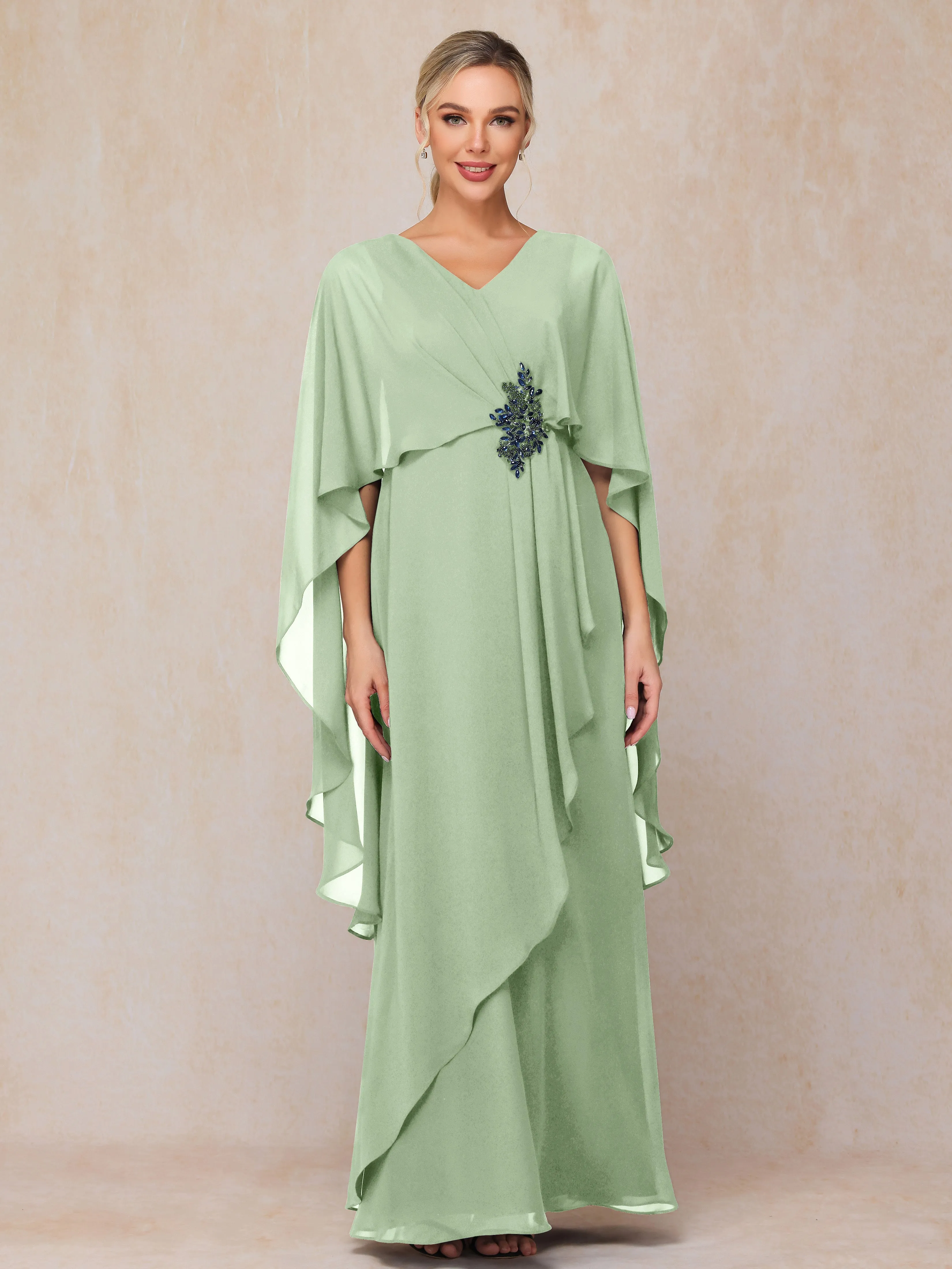 A-line Scoop Long Chiffon Mother of the Bride Dress With Beading Pleated