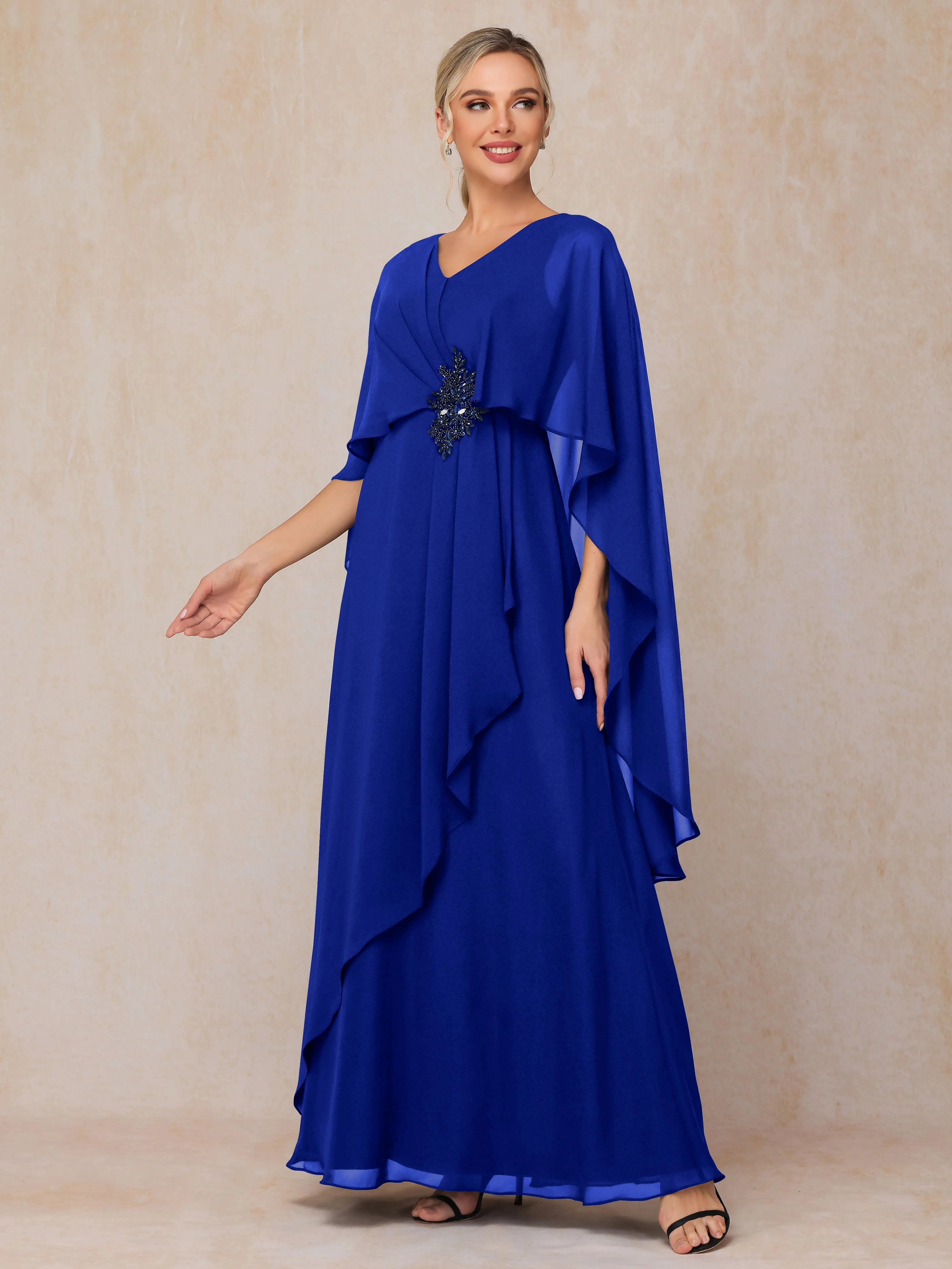 A-line Scoop Long Chiffon Mother of the Bride Dress With Beading Pleated