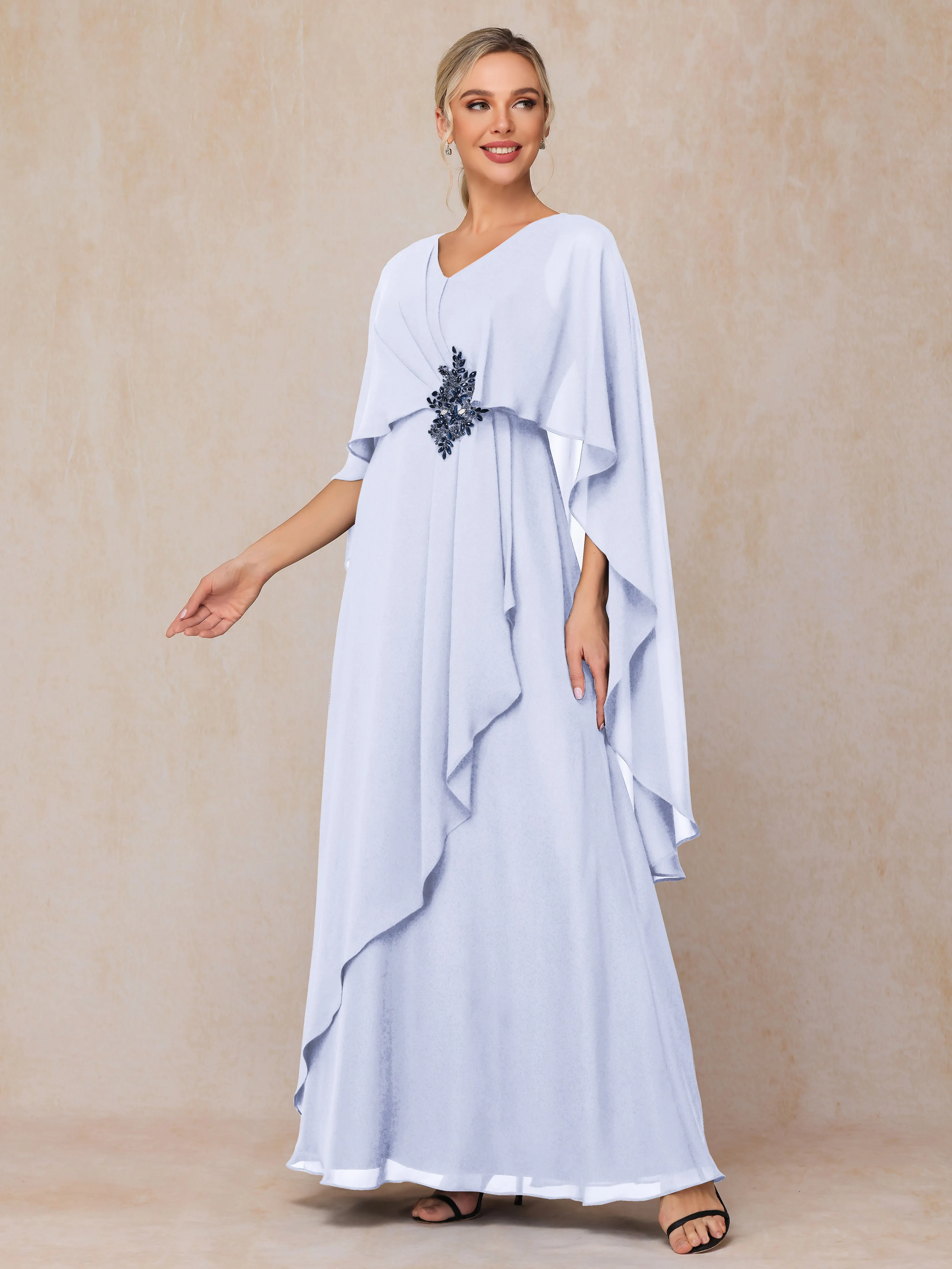 A-line Scoop Long Chiffon Mother of the Bride Dress With Beading Pleated
