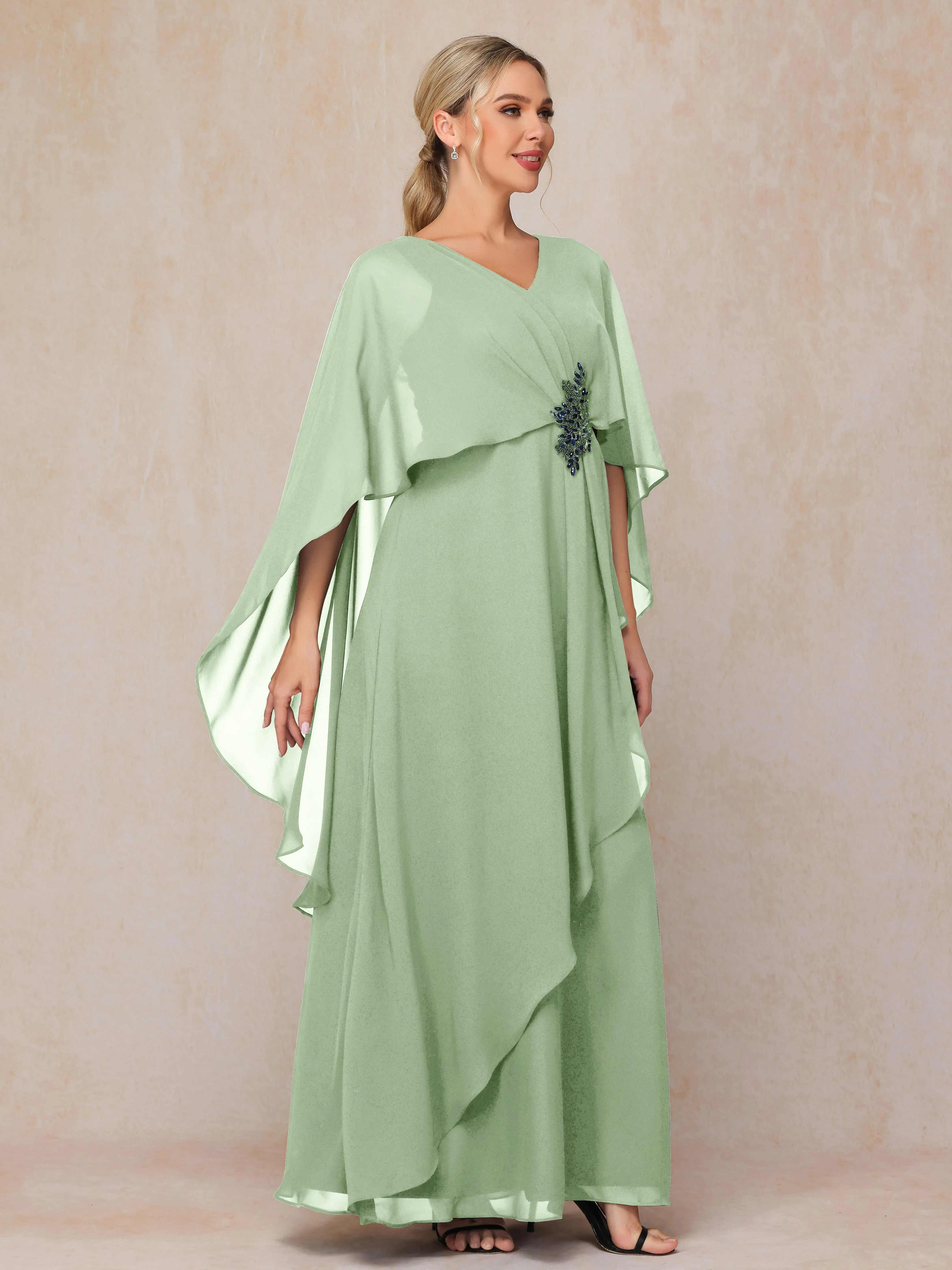 A-line Scoop Long Chiffon Mother of the Bride Dress With Beading Pleated