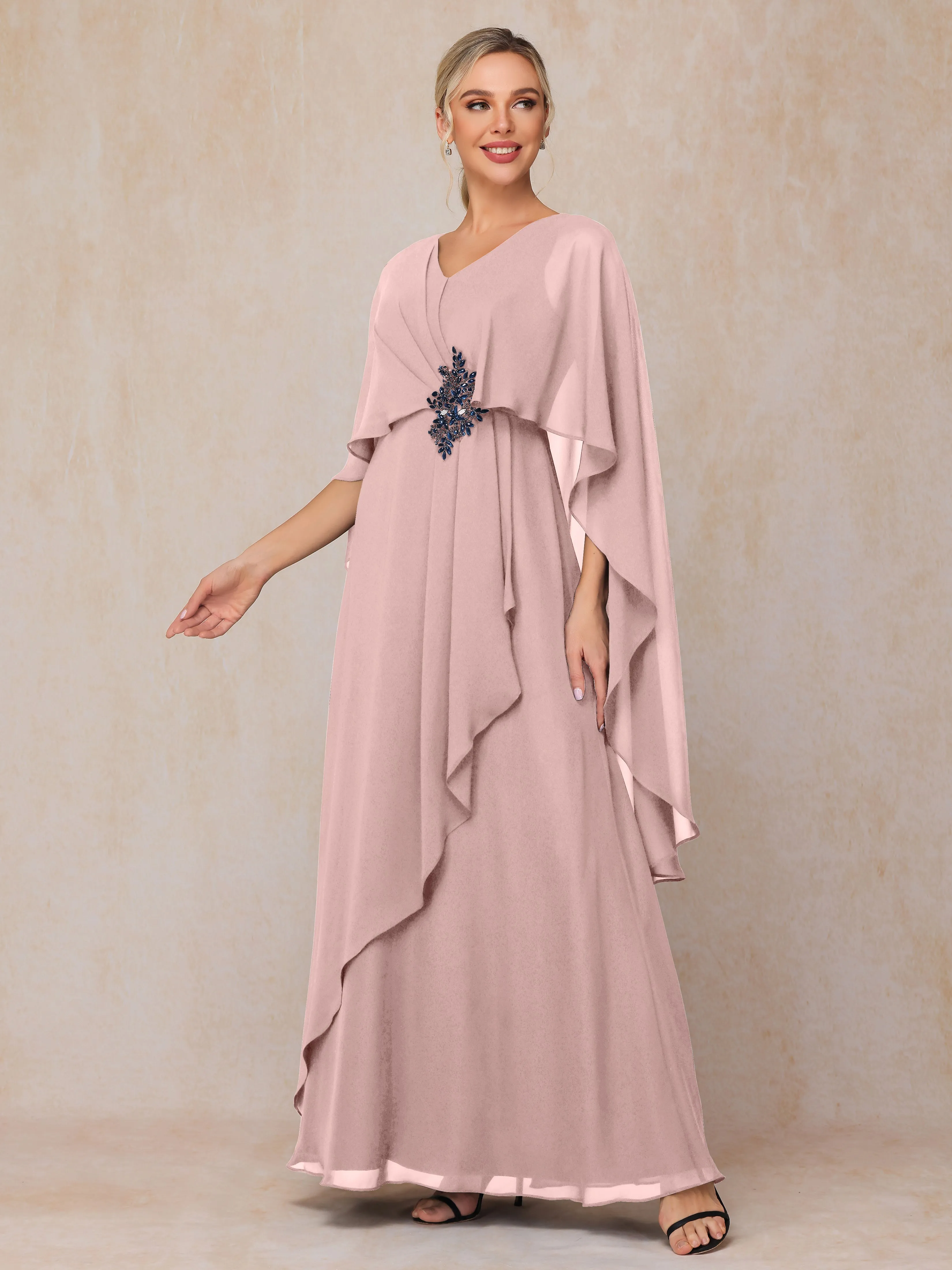 A-line Scoop Long Chiffon Mother of the Bride Dress With Beading Pleated