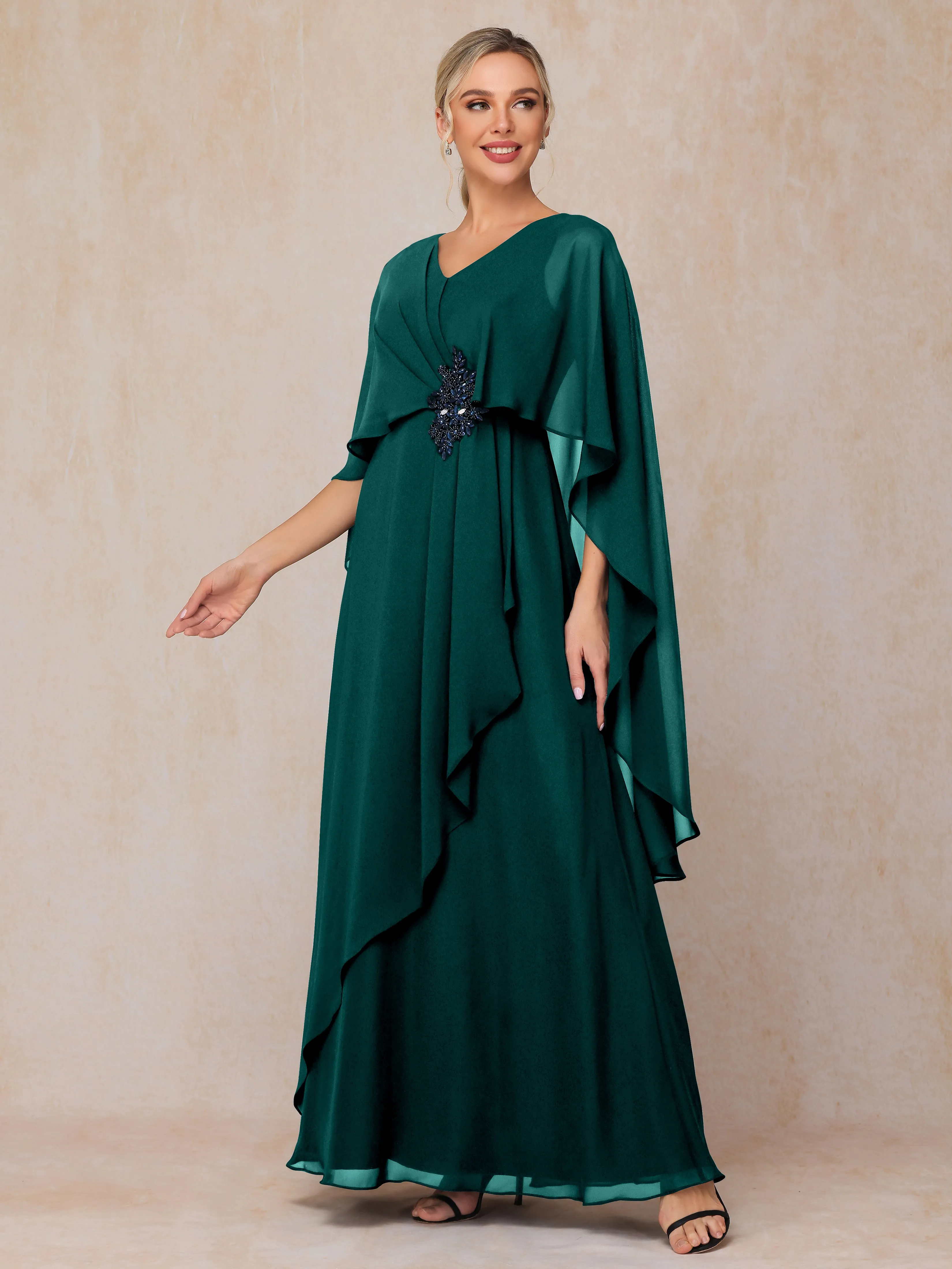 A-line Scoop Long Chiffon Mother of the Bride Dress With Beading Pleated