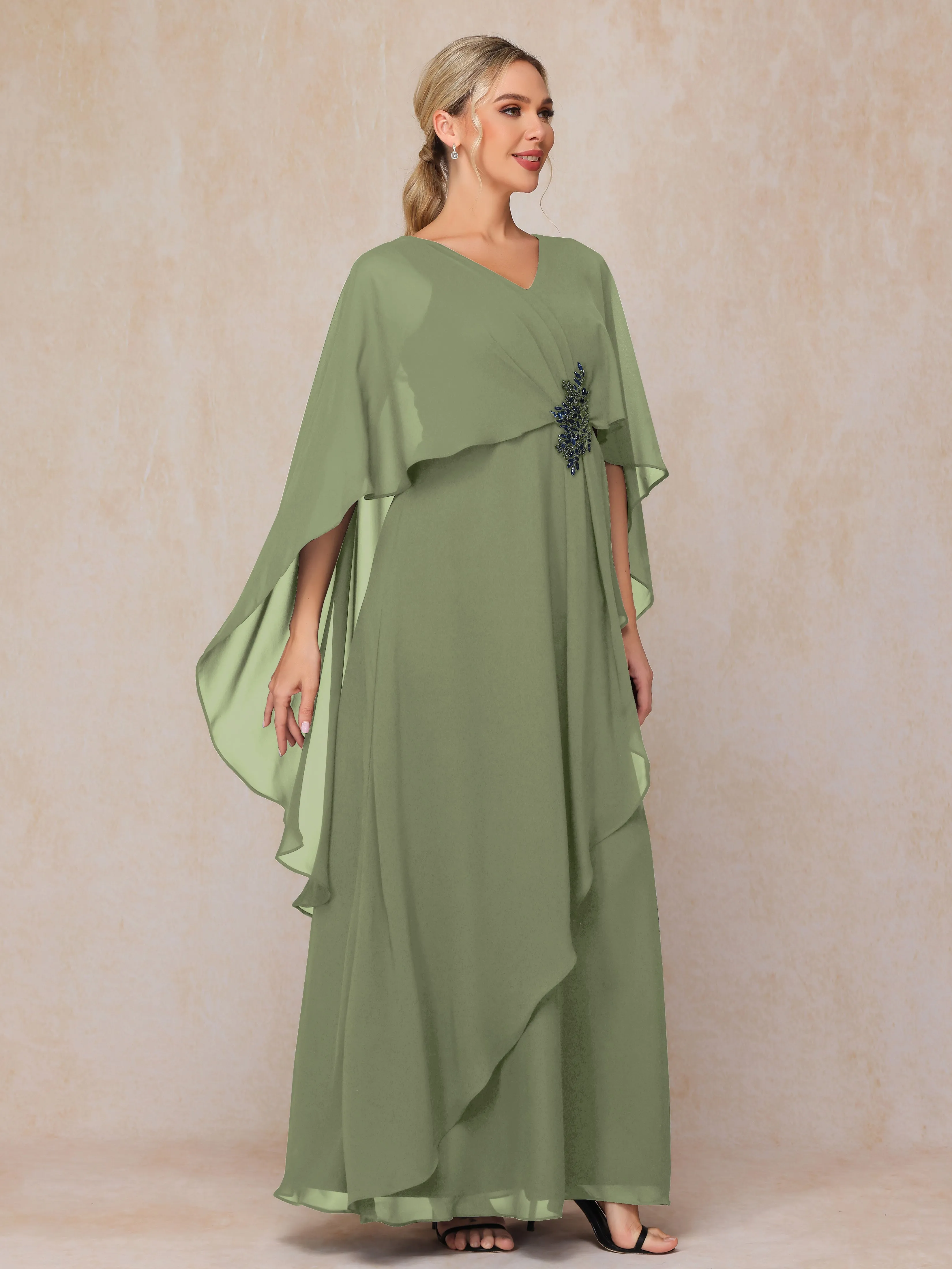 A-line Scoop Long Chiffon Mother of the Bride Dress With Beading Pleated